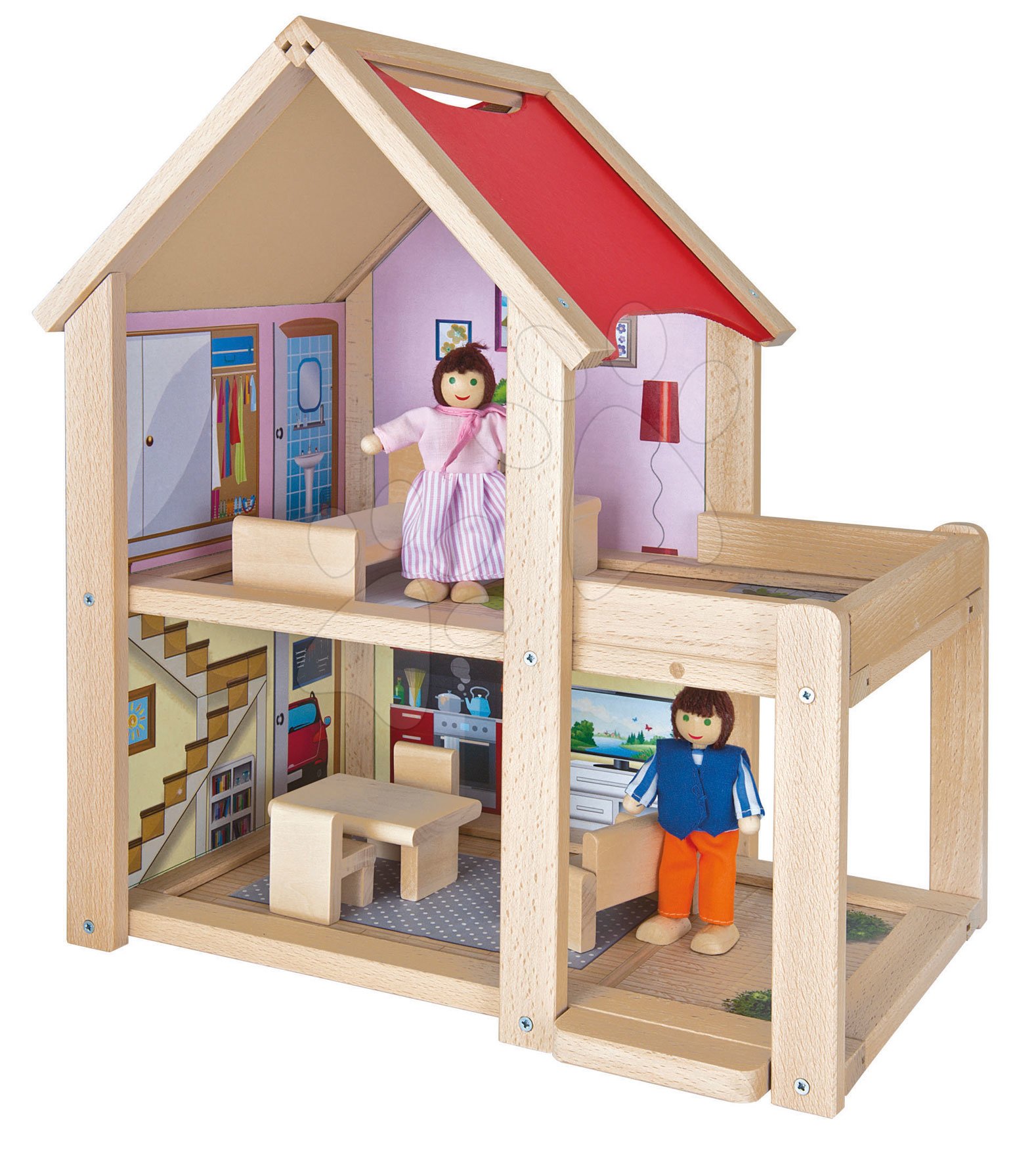 Drevený domček pre bábiky Doll\'s House Eichhorn komplet vybavený s nábytkom a 2 figúrkami výška 41 cm