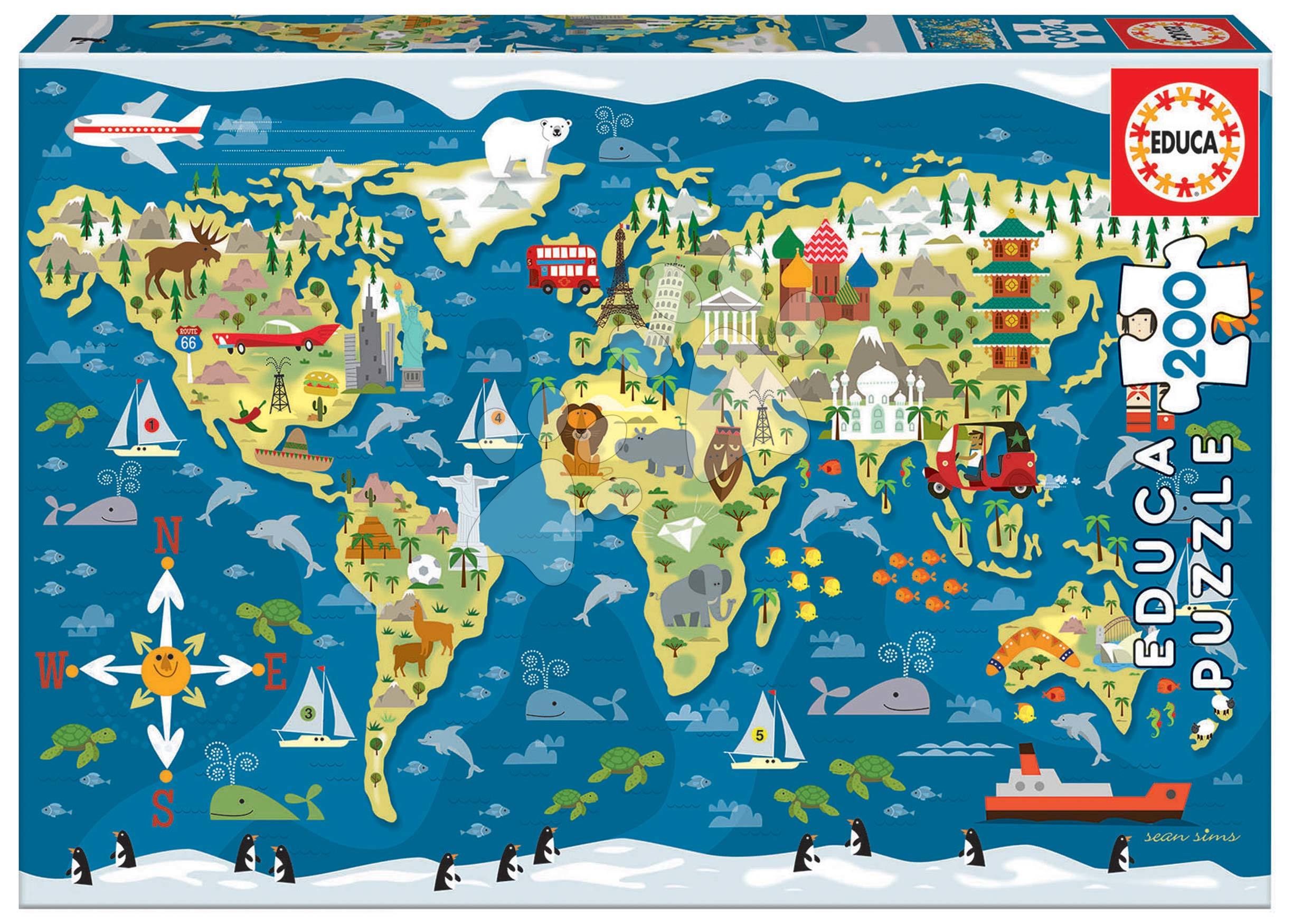 Puzzle World Map Sean Sims Educa 200 dílků