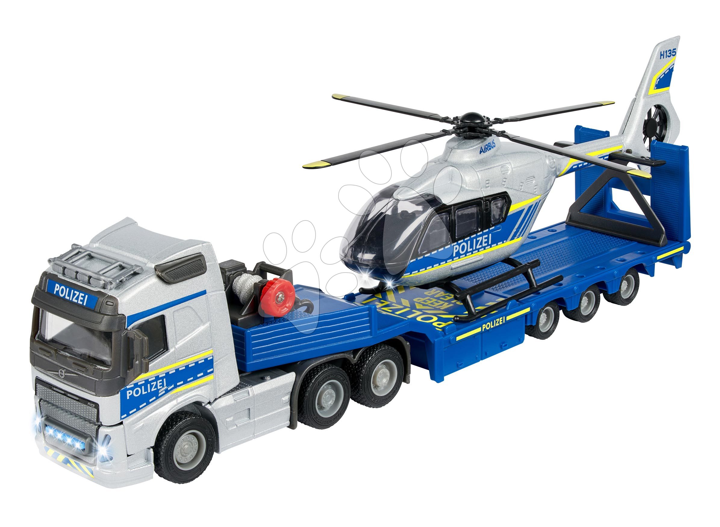 Kamión s policajným vrtuľníkom Volvo Majorette 35 cm dĺžka so zvukom a svetlom