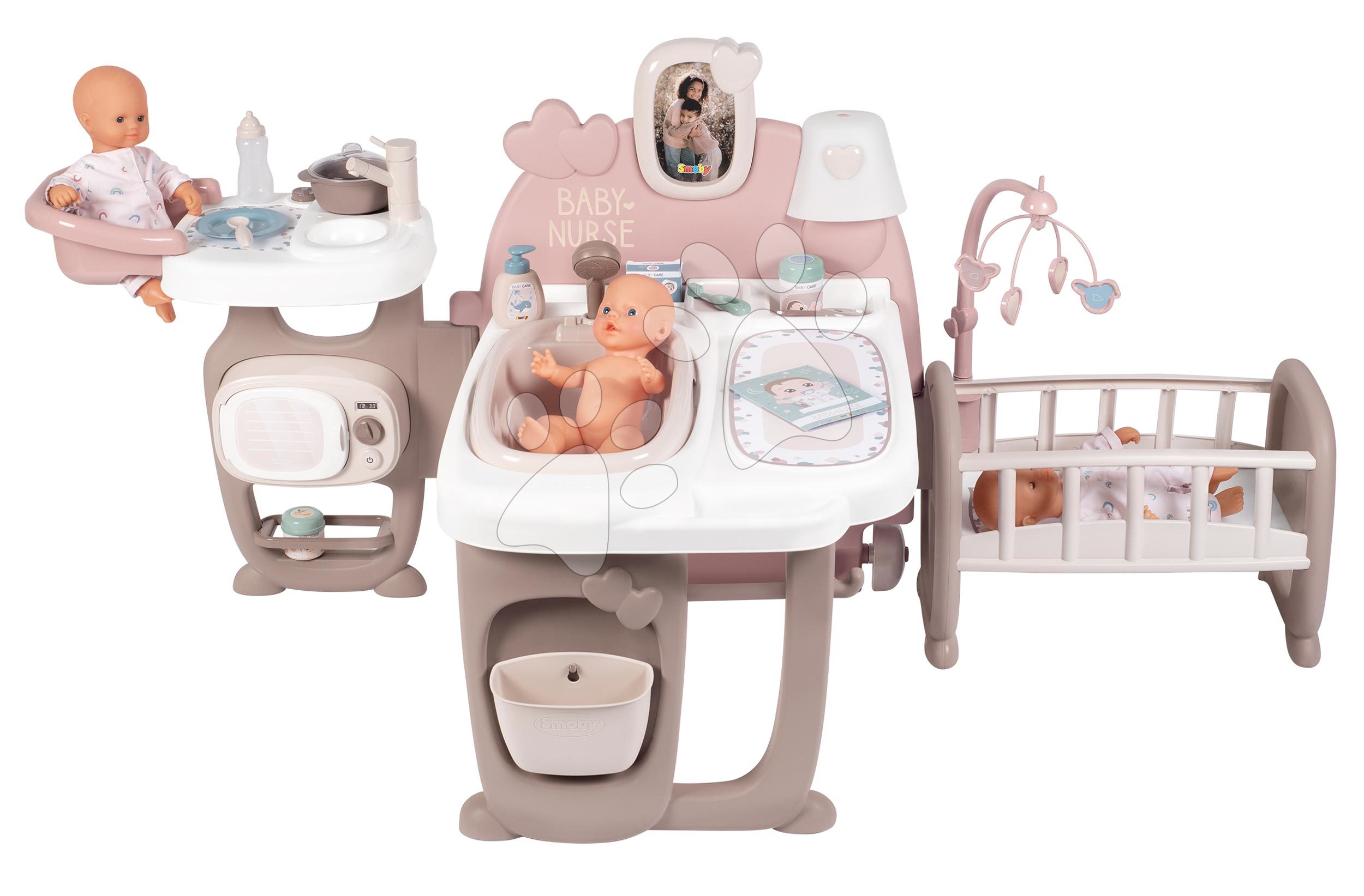 Domeček pro panenku Large Doll\'s Play Center Natur D\'Amour Baby Nurse Smoby trojkřídlý s 23 doplňky (kuchyňka, koupelna, ložnice)