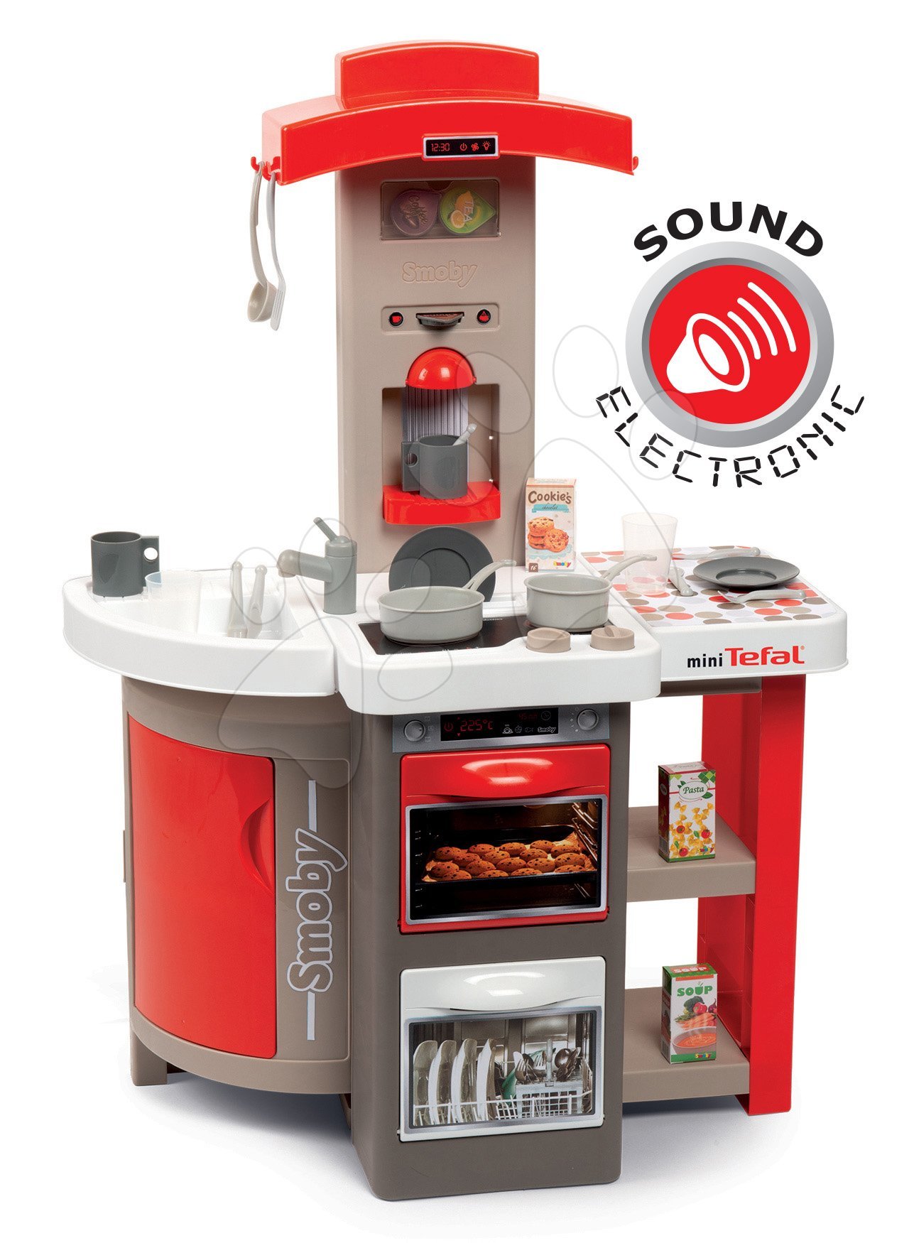 Kuchyňka skládací elektronická Tefal Opencook Smoby červená s kávovarem a chladničkou a 22 doplňků