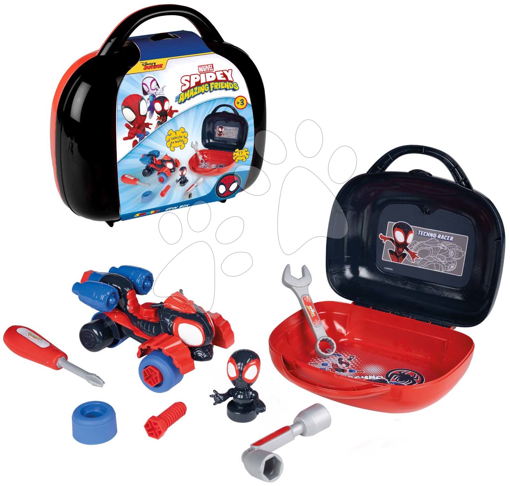 Kufřík s rozebíratelnou čtyřkolkou Spidey Box Spin Marvel Smoby s pracovním nářadím a figurkou 17 dílů