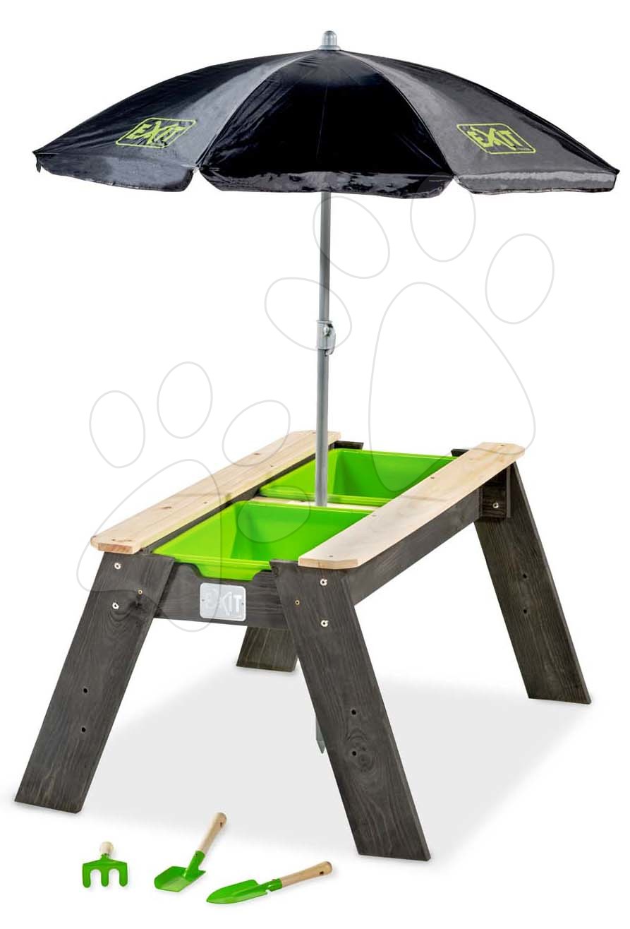 Pieskovisko cédrové stôl na vodu a piesok Aksent sand&water table Deluxe Exit Toys veľké s krytom slnečníkom a záhradným náradím