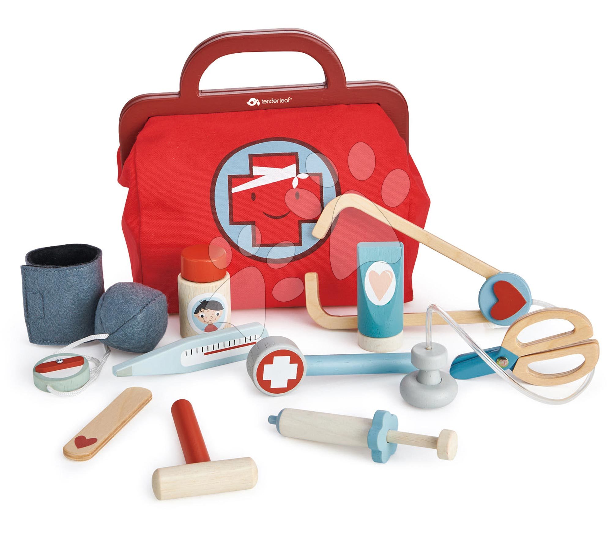 Dřevěná lékařská taštička Doctor\'s Bag Tender Leaf Toys se zdravotními pomůckami rouškou a náplastmi