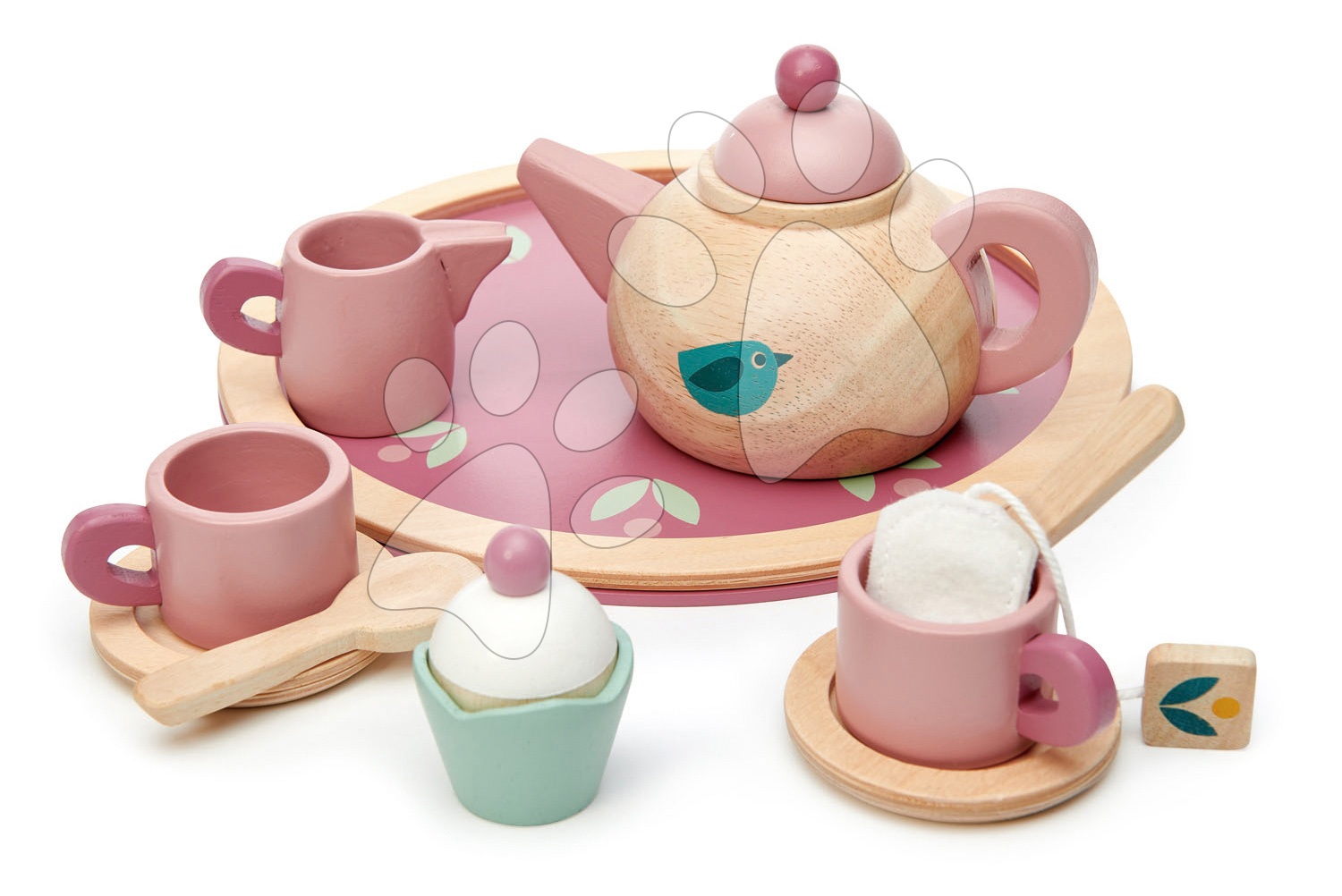 Drevený čajník Birdie Tea set Tender Leaf Toys na tácke so šálkami s čajovým vrecúškom