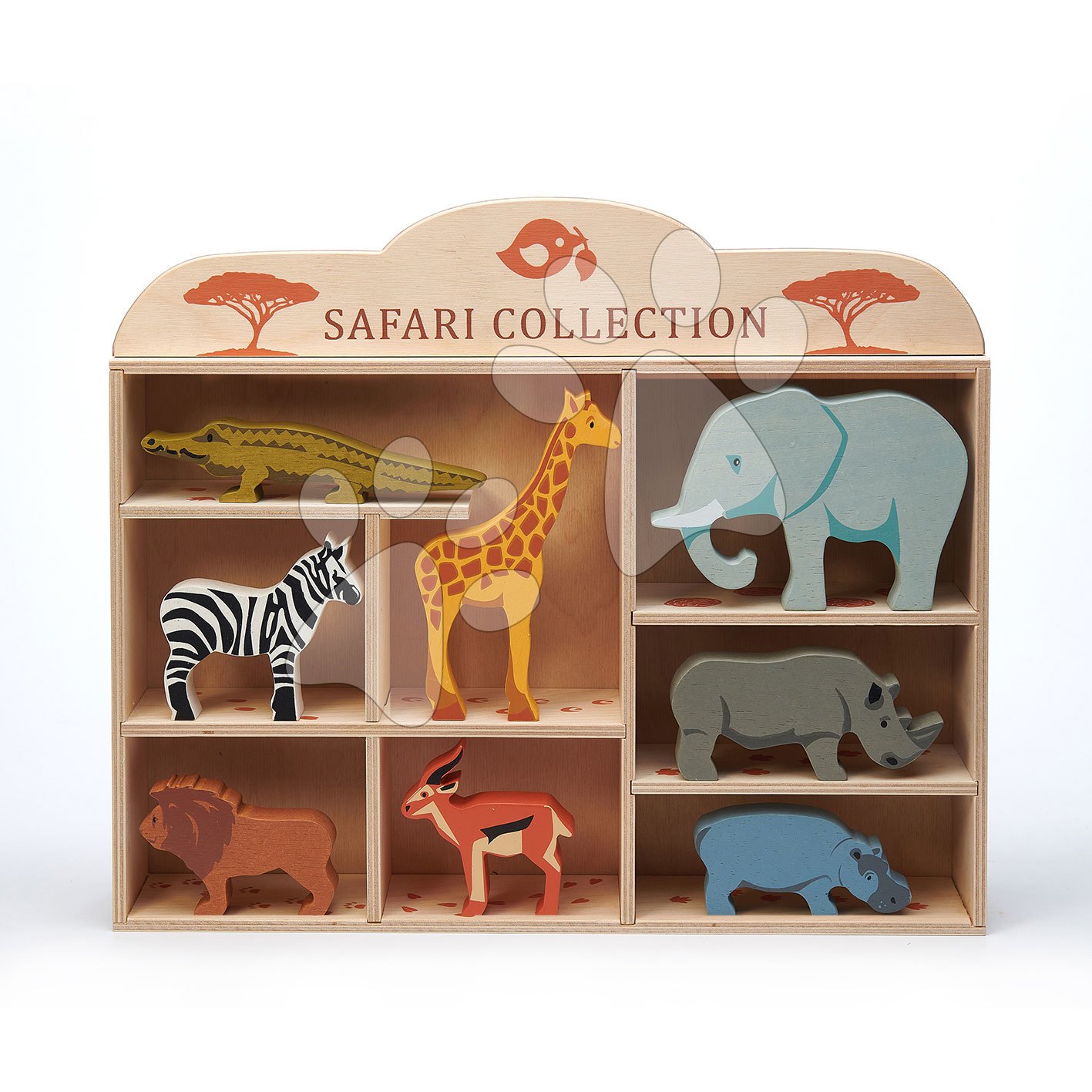 Dřevěná divoká zvířátka na poličce 8 ks Safari set Tender Leaf Toys krokodýl, slon, zebra, antilopa, žirafa, nosorožec, hroch, lev