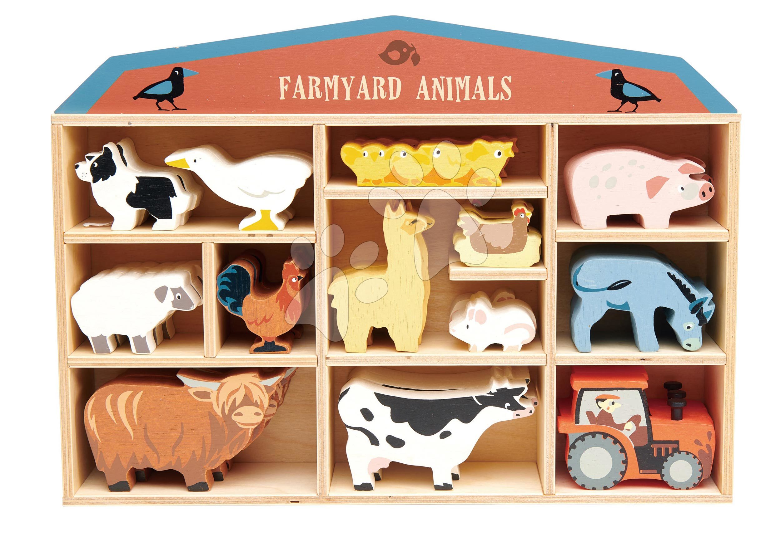 Drevené domáce zvieratká na poličke 39 ks Farmyard set Tender Leaf Toys 