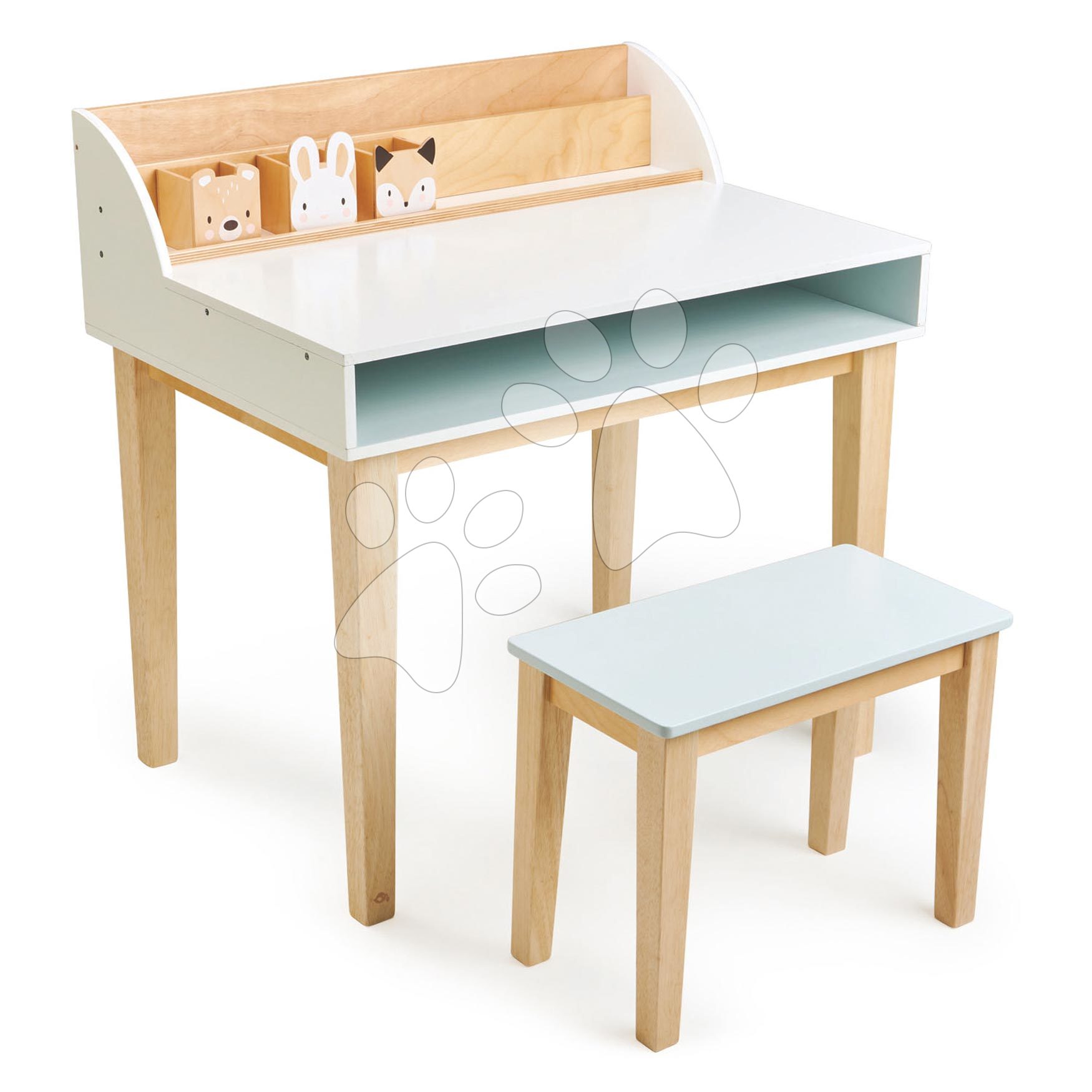 Dřevěný stůl se stoličkou Desk and Chair Tender Leaf Toys s úložným prostorem a 3 odkládací nádobky se zvířátky