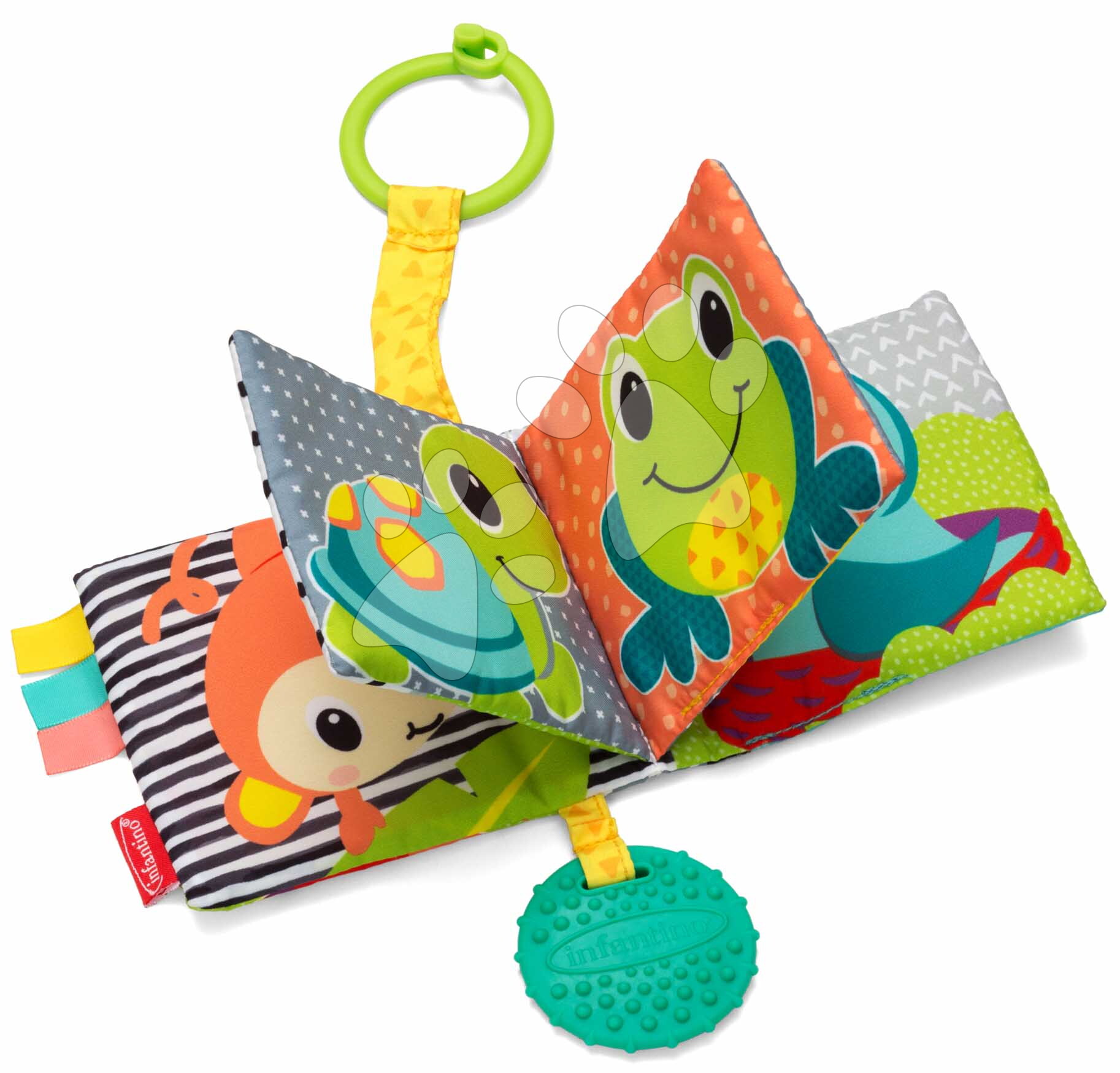 Textilná knižka Link & Squeak Animal Crinkle Book Infantino s hryzátkom od 0 mes