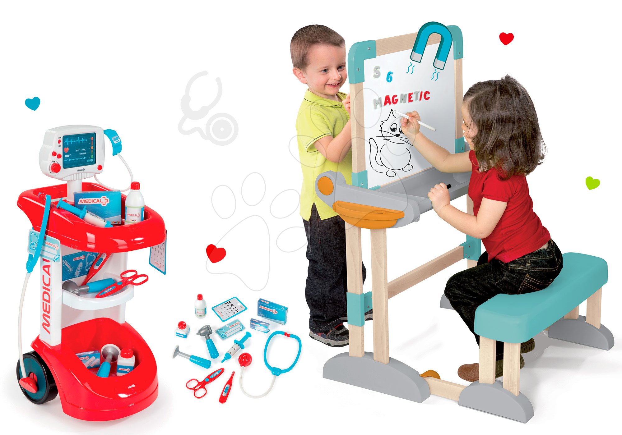 Smoby set carrello medico e banco scuola con lavagna