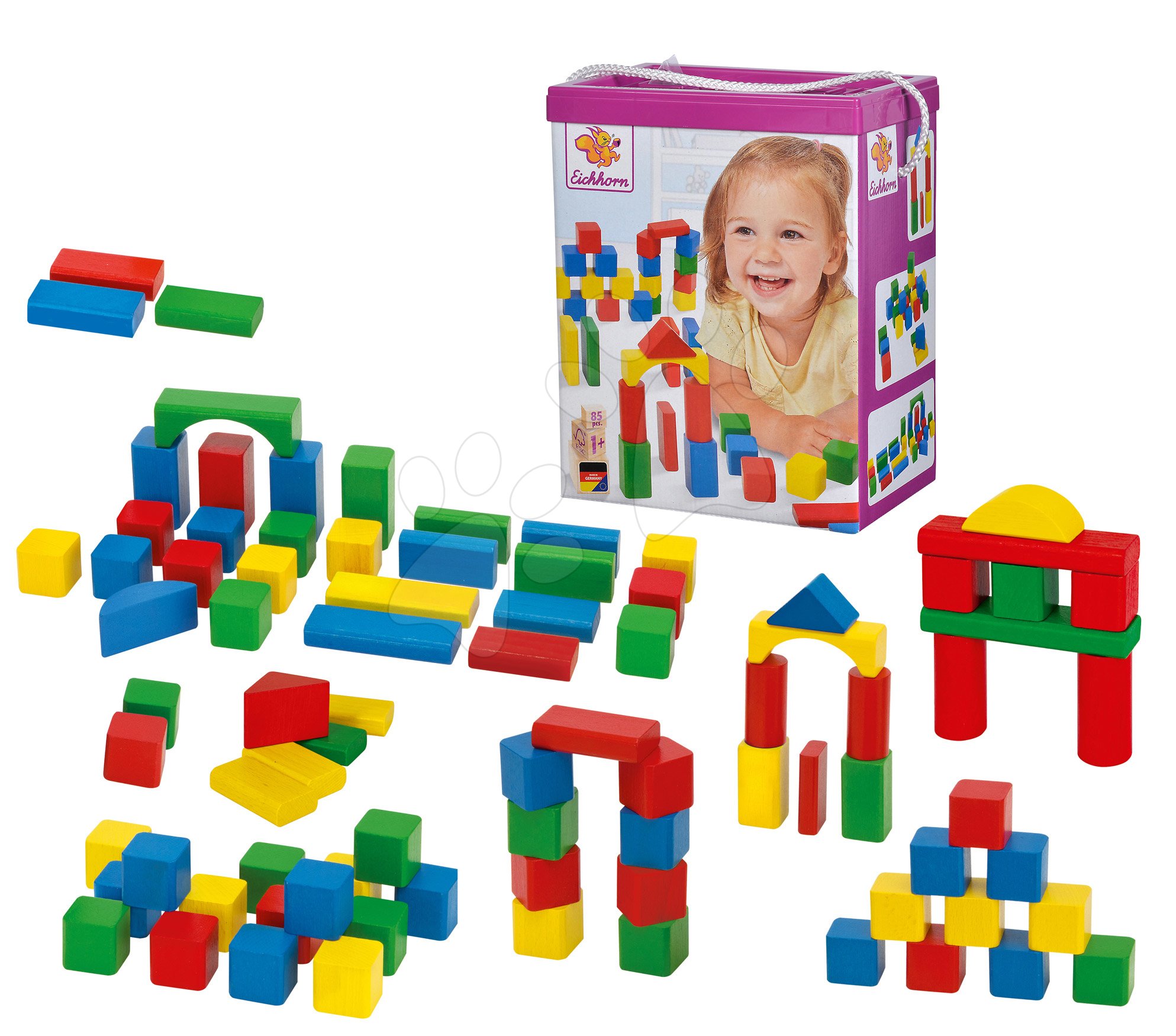 Drevené kocky Wooden Toy Blocks Eichhorn farebné 85 dielov v rôznych tvaroch od 12 mes