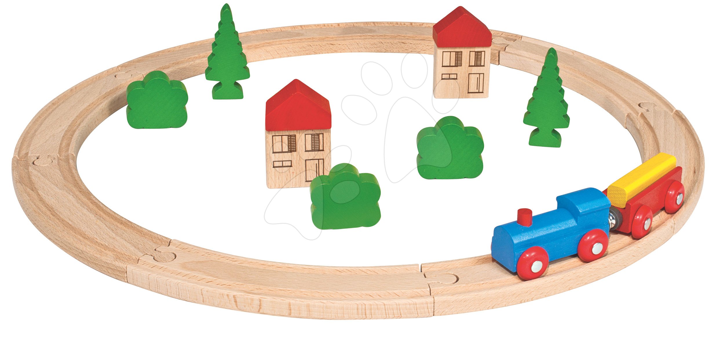 Drevená vláčikodráha Wooden Toy Eichhorn s doplnkami domčeky a stromy 20 dielov