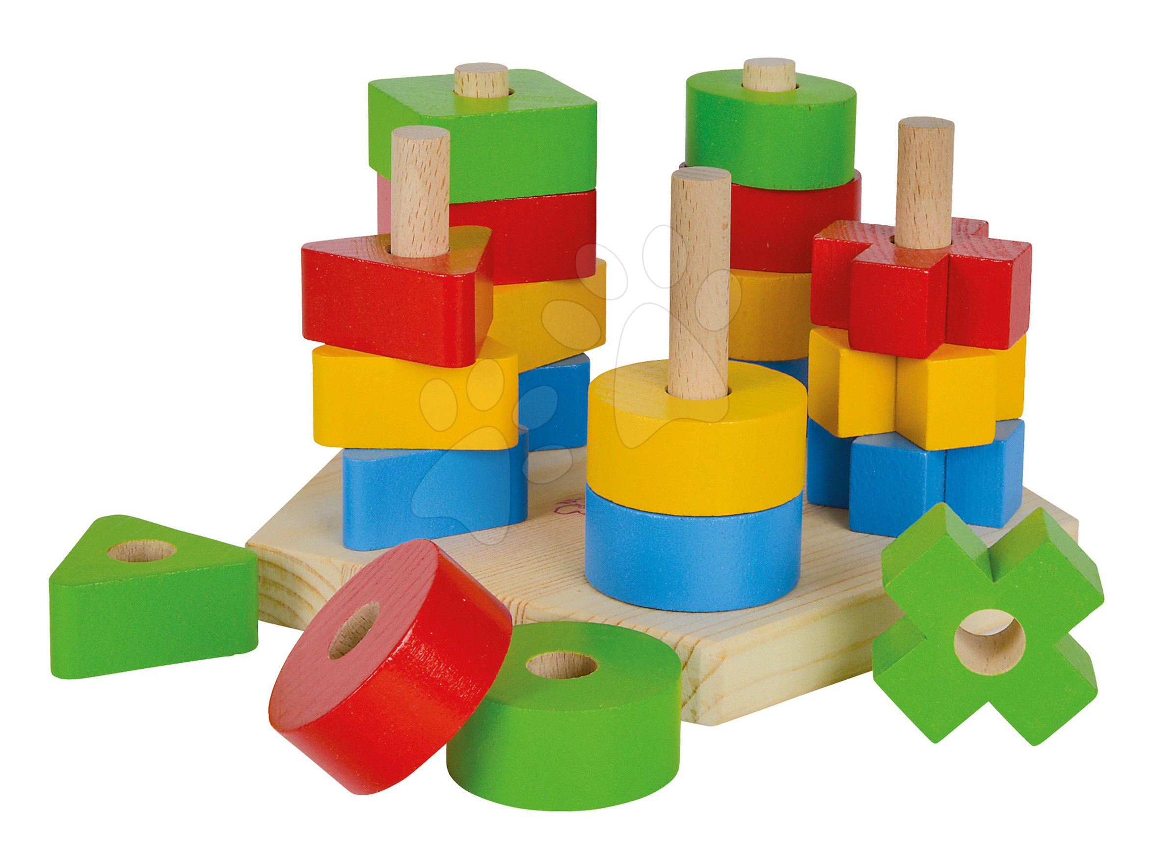 Drevené didaktické hračky - Drevená skladačka veža Stacking Toy Eichhorn s 5 rôznymi farebnými tvarmi 21 dielov od 12 mes