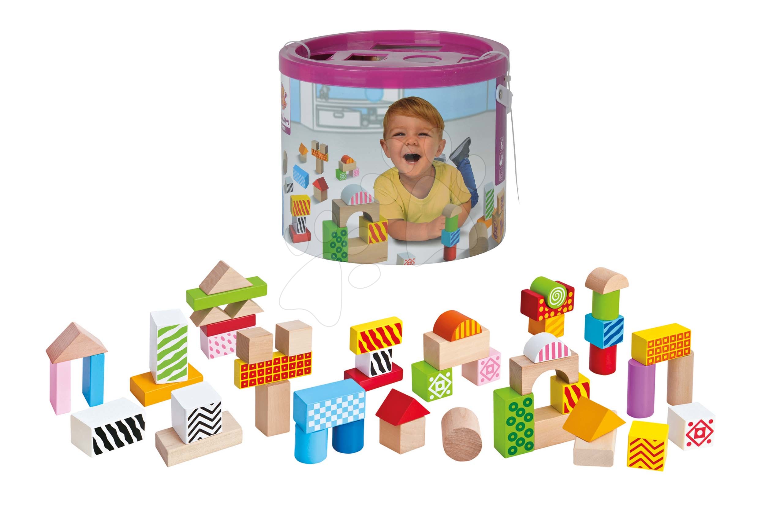 E-shop Drevené kocky Color Wooden Blocks Eichhorn vzorované s potlačou 50 ks v dóze od 12 mes