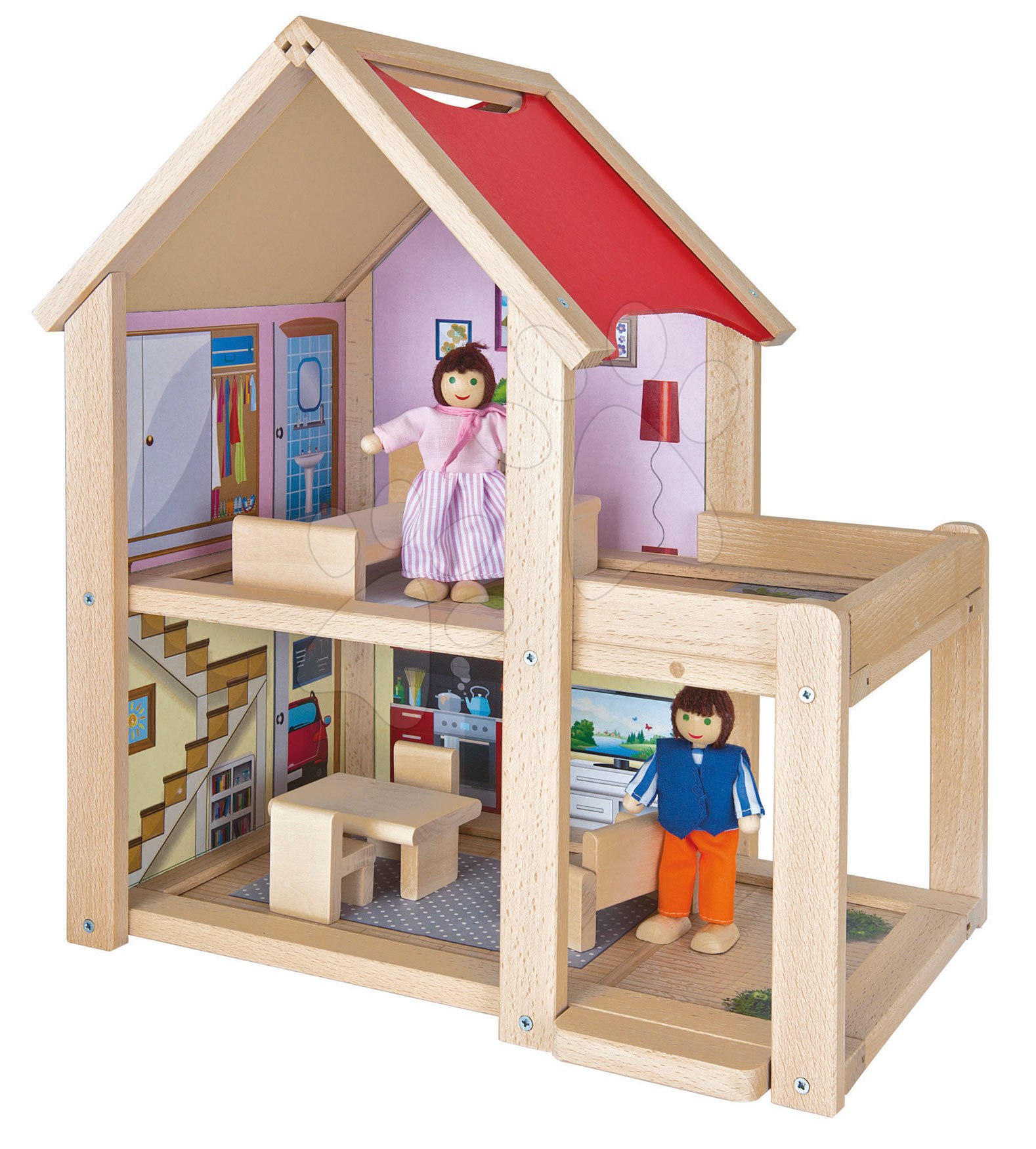 Fa babaház Doll's House Eichhorn komplett bútorokkal és 2 figurával 41 cm magas