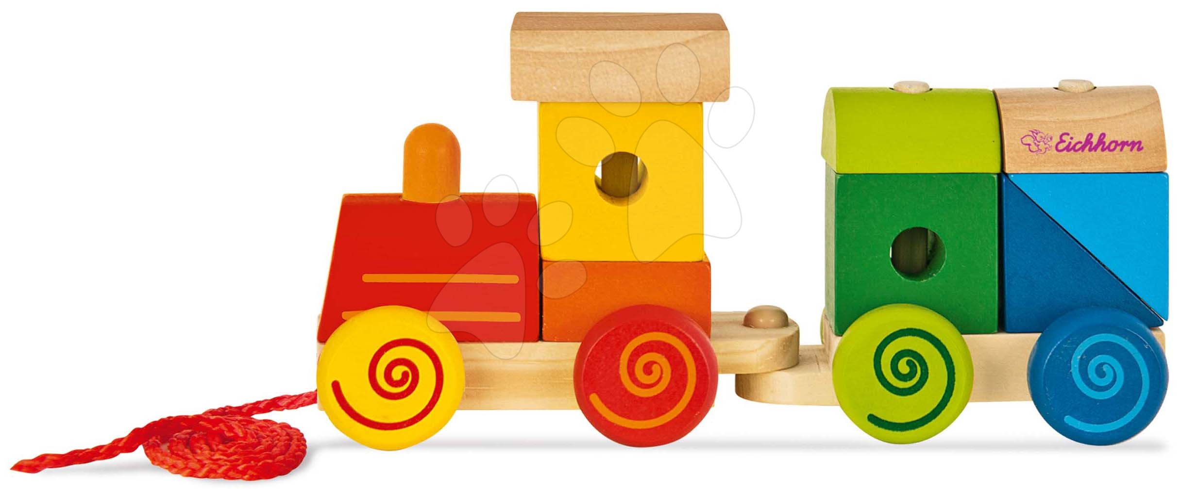 Drevené didaktické hračky - Drevený vláčik s kockami Train Eichhorn lokomotíva so zvukom 11 dielov od 12 mes