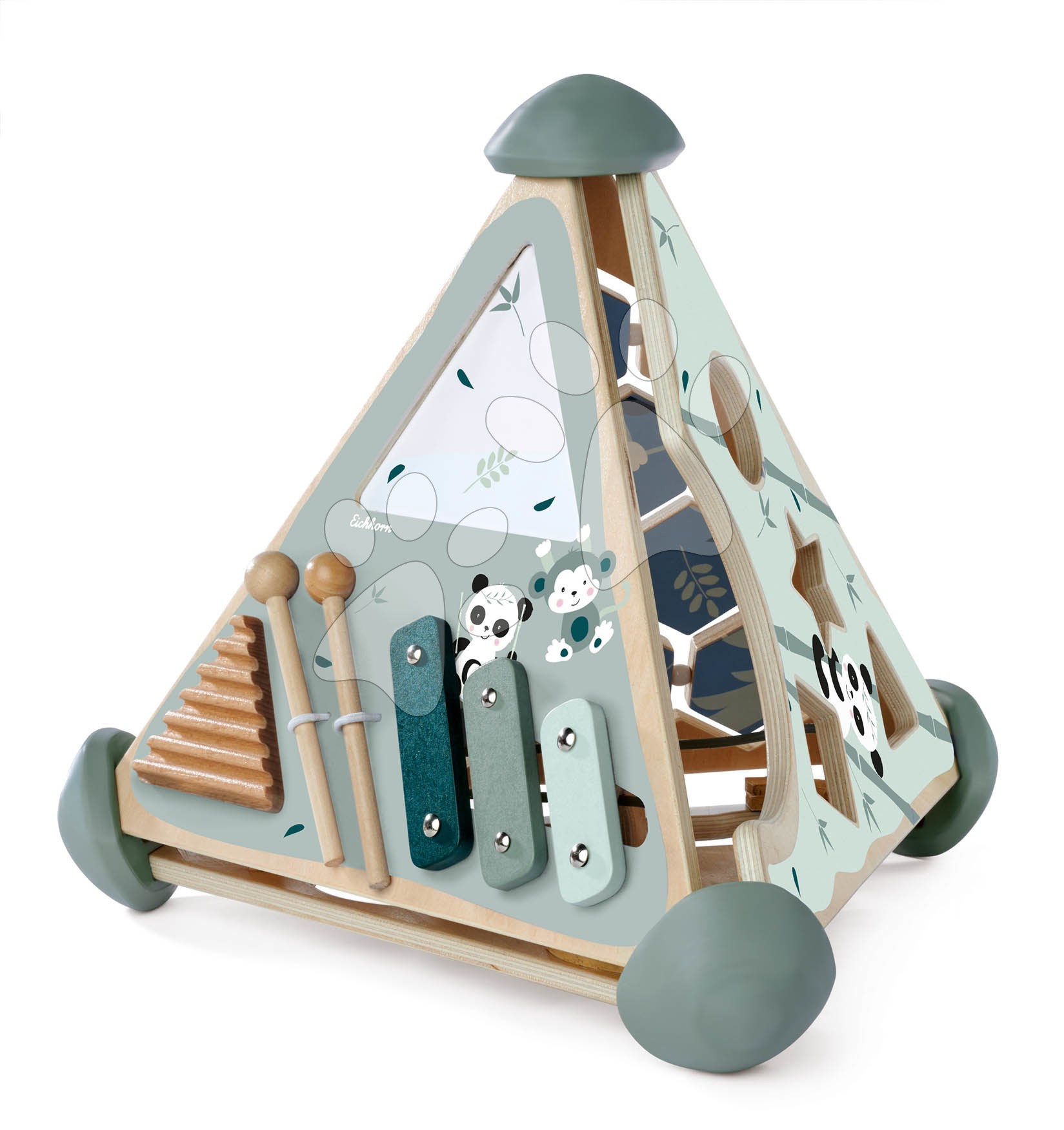 Drevené didaktické hračky - Drevená didaktická pyramída Game Center Pyramide Eichhorn s vkladacími kockami a xylofónom od 12 mes
