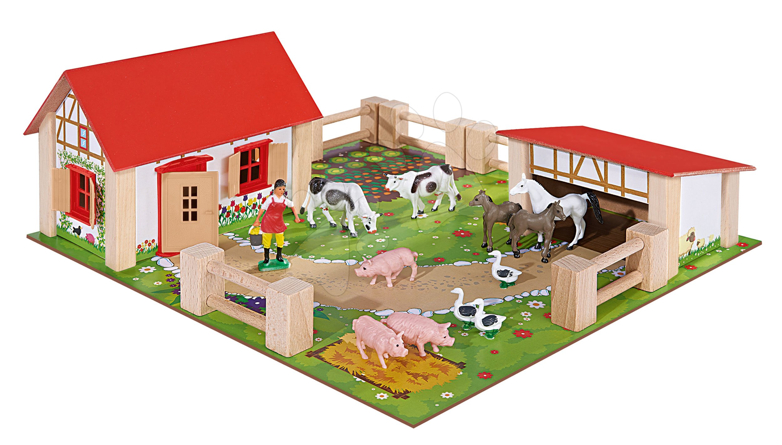 Farm fából állatokkal Farmyard Small Eichhorn két épülettel és udvarral 21-részes