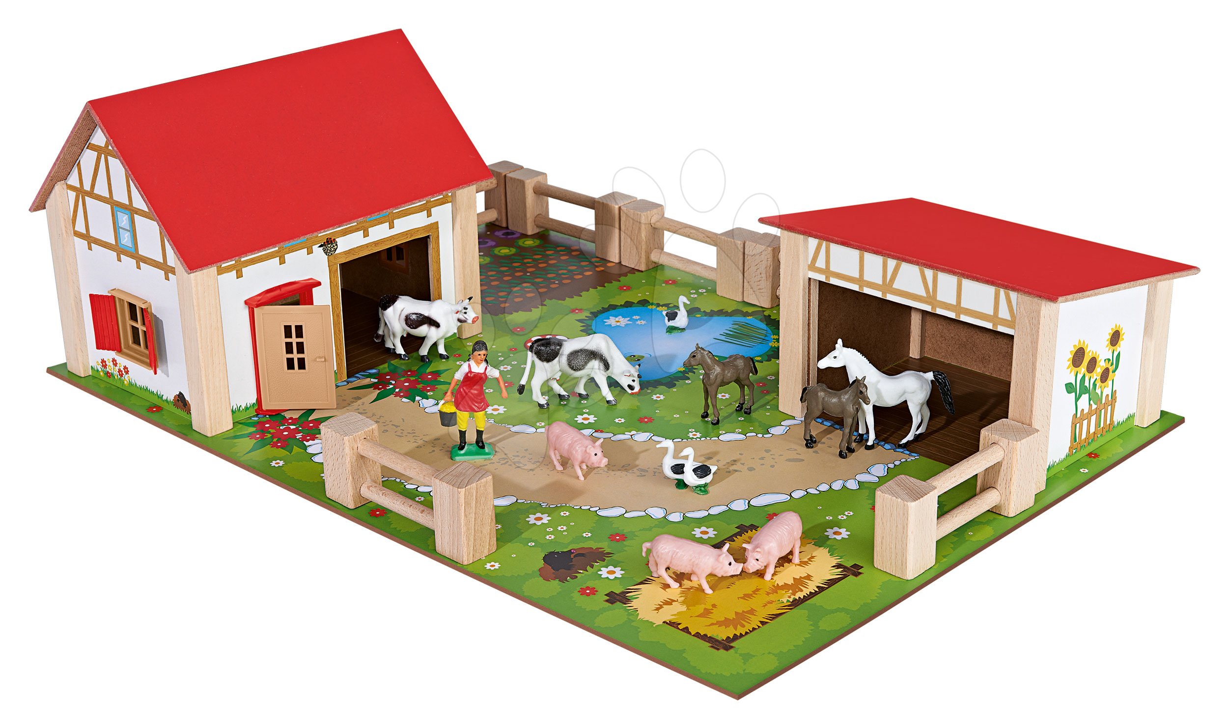 Drevené domčeky pre bábiky - Drevená farma so zvieratkami veľká Farmyard Eichhorn s dvoma budovami a dvorom 21 dielov