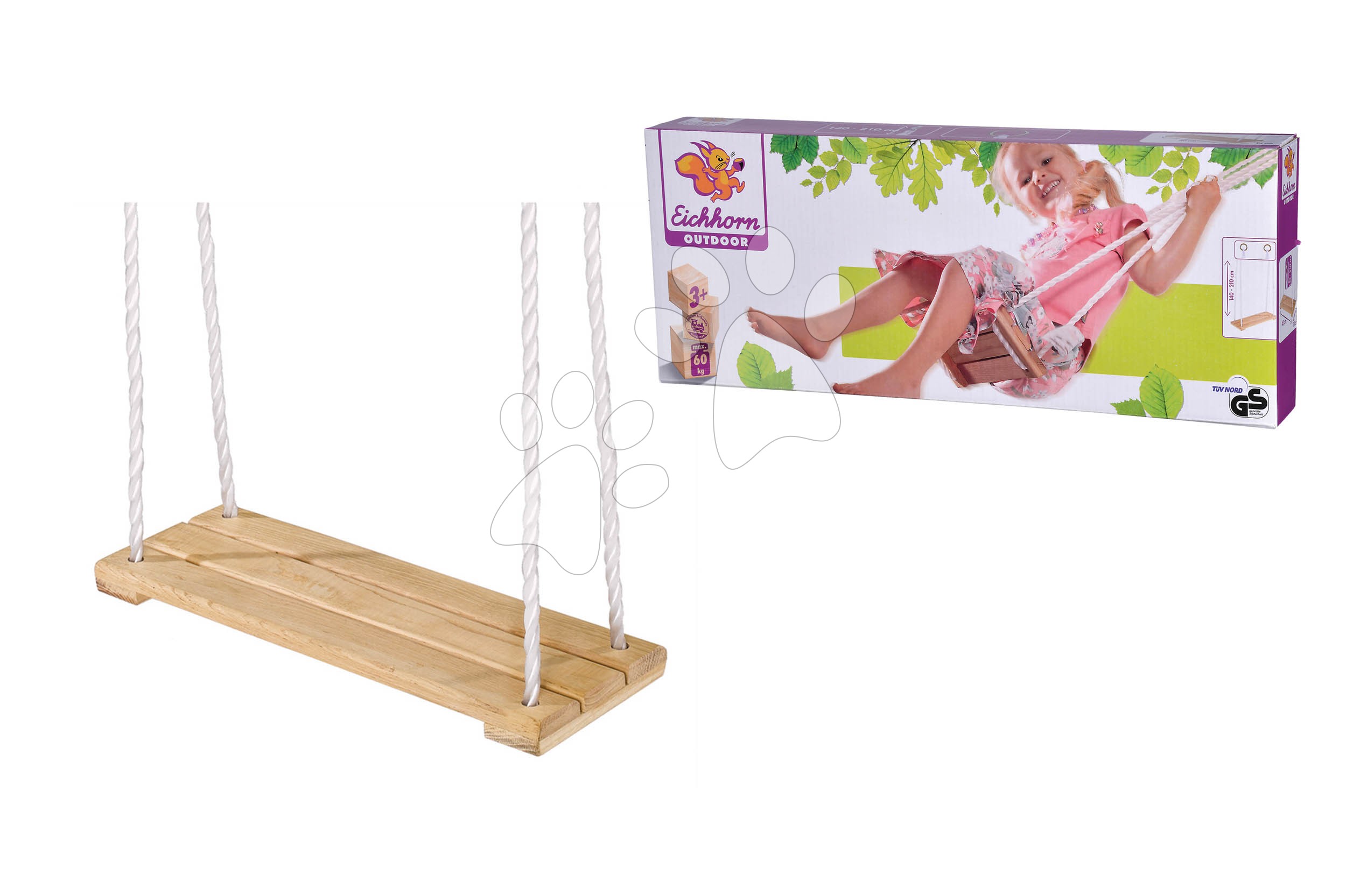 Drevená hojdačka plocha Outdoor Plank Swing Eichhorn prírodná 140-210 cm dĺžka 40*14 cm a 60 kg nosnosť