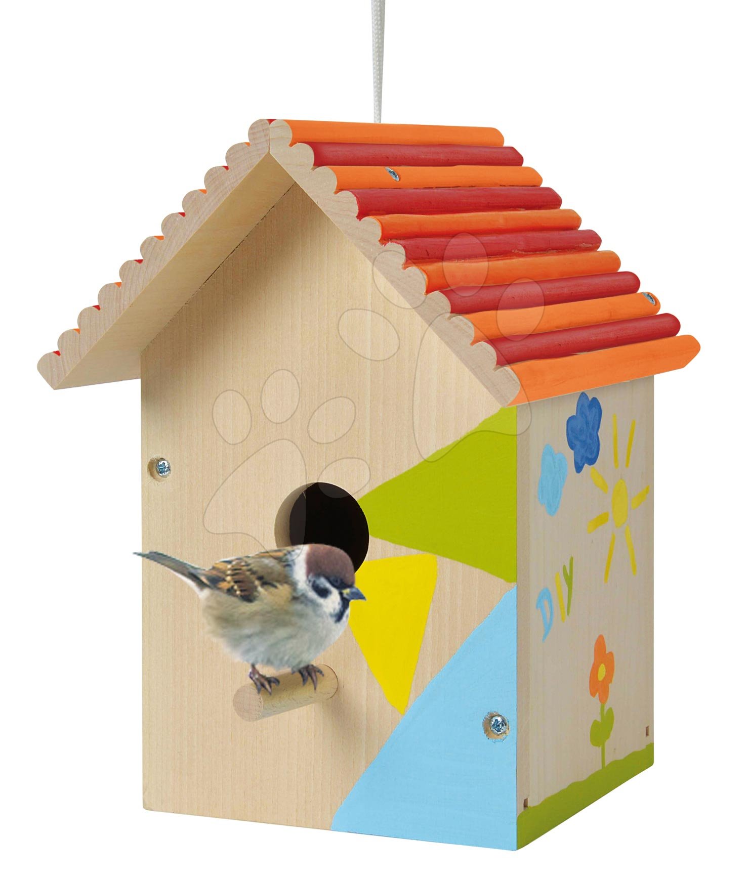 Dětský dřevěný nábytek - Dřevěná ptačí budka Outdoor Birdhouse Eichhorn Poskládej a vymaluj – se štětcem a barvami od 6 let
