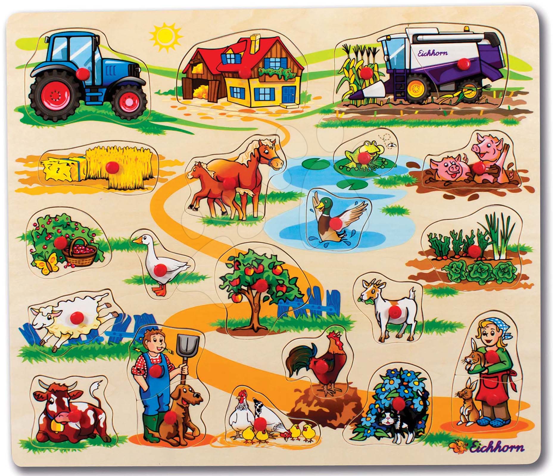 Drevené náučné hry - Drevené puzzle Pin Puzzle Eichhorn 21 vkladacích tvarov s obrázkami safari farma dopravné prostriedky od 24 mes