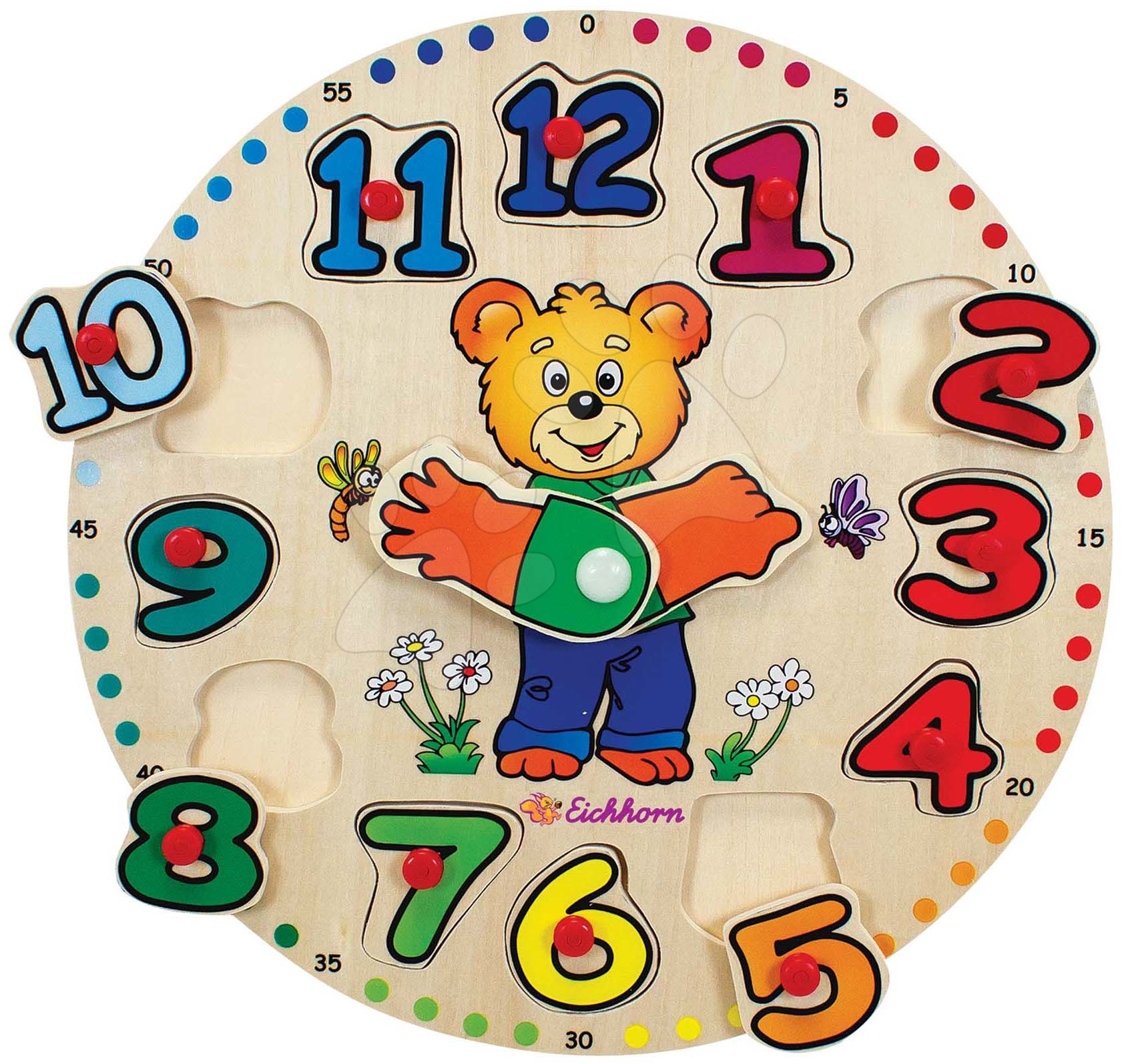 Drevené náučné hry - Drevené didaktické puzzle hodiny Teaching Clock Eichhorn 12 vkladacích čísiel od 24 mes