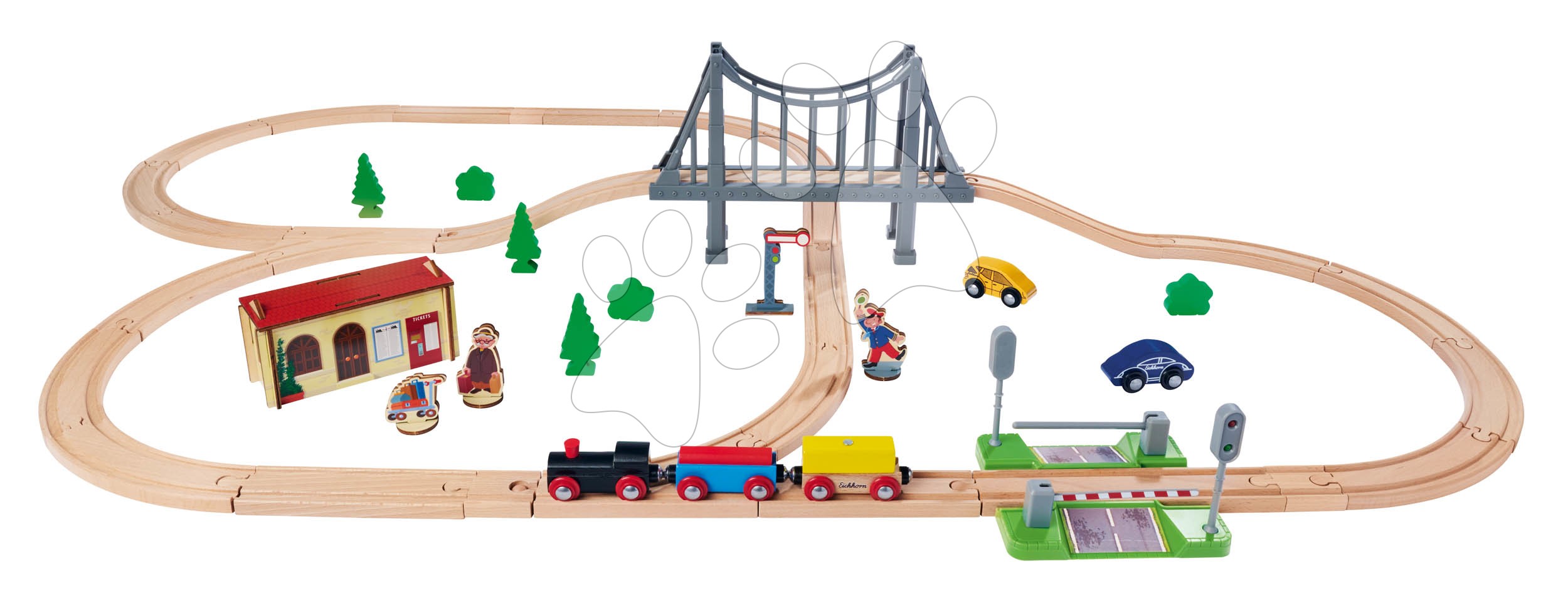 Trenuri din lemn și căi ferată - Cale ferată din lemn Train Set with Bridge Eichhorn cu locomotiva, vagoane, pod si accesorii 55 piese 500 cm lungime sine de la 3 ani