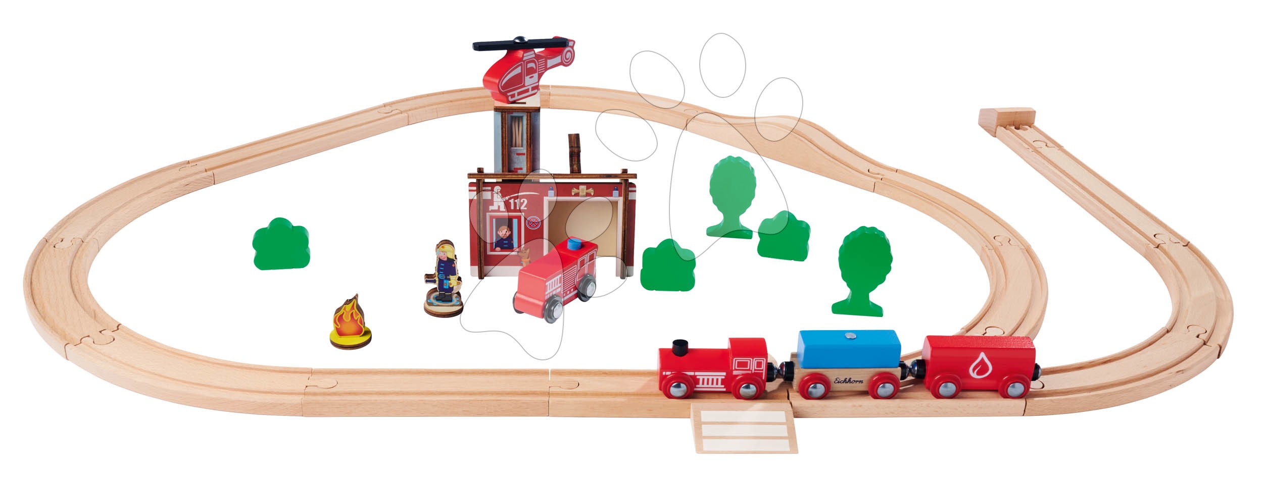 Dřevěná vláčkodráha s hasičskou stanicí Train Set Firestation Eichhorn s vlakem 33 dílů 235 cm délka kolejí