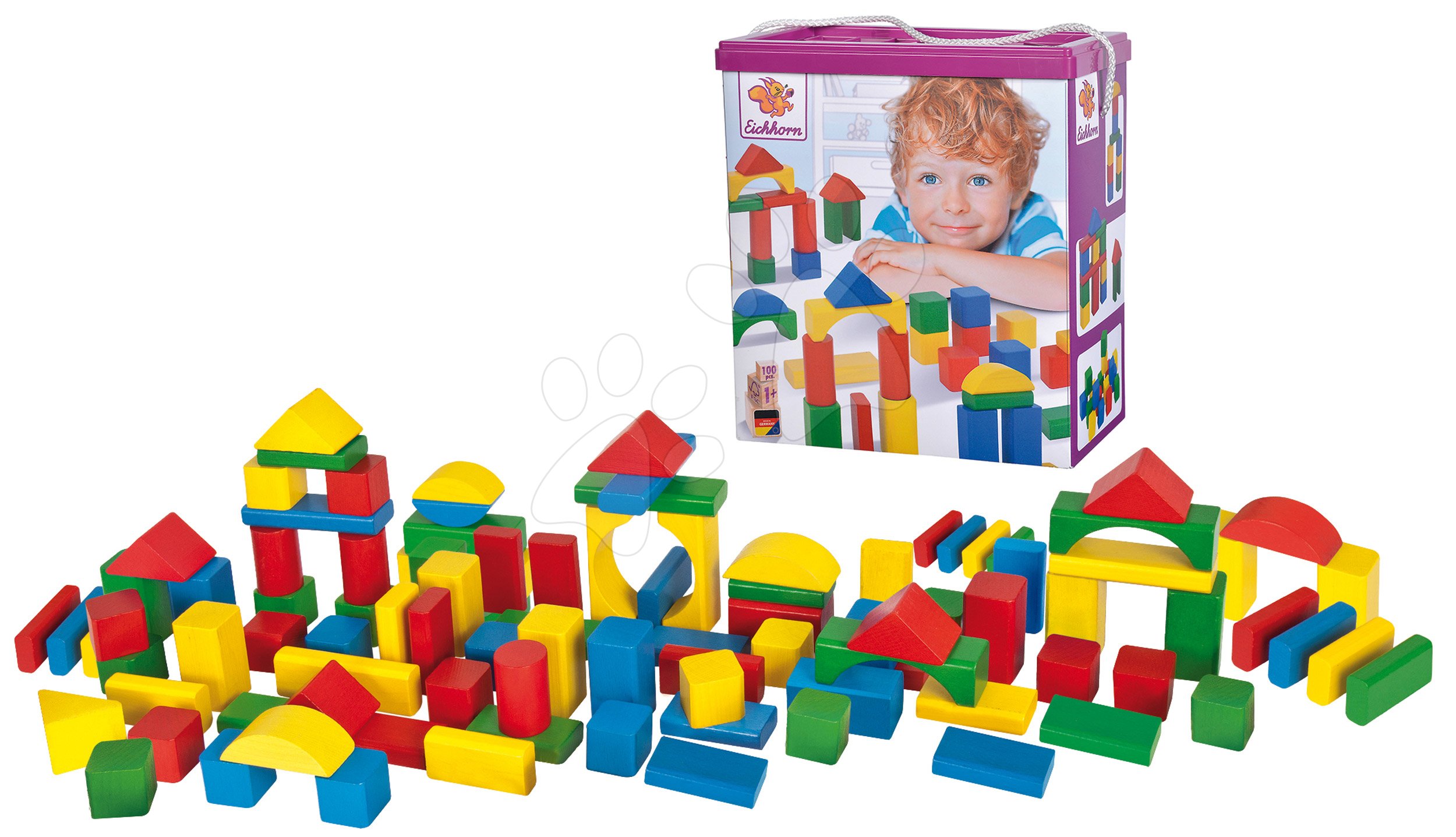 Fakockák színesek Coloured Wooden Blocks Eichhorn különböző formákban 100 db 25 mm magasak 12 hó-tól