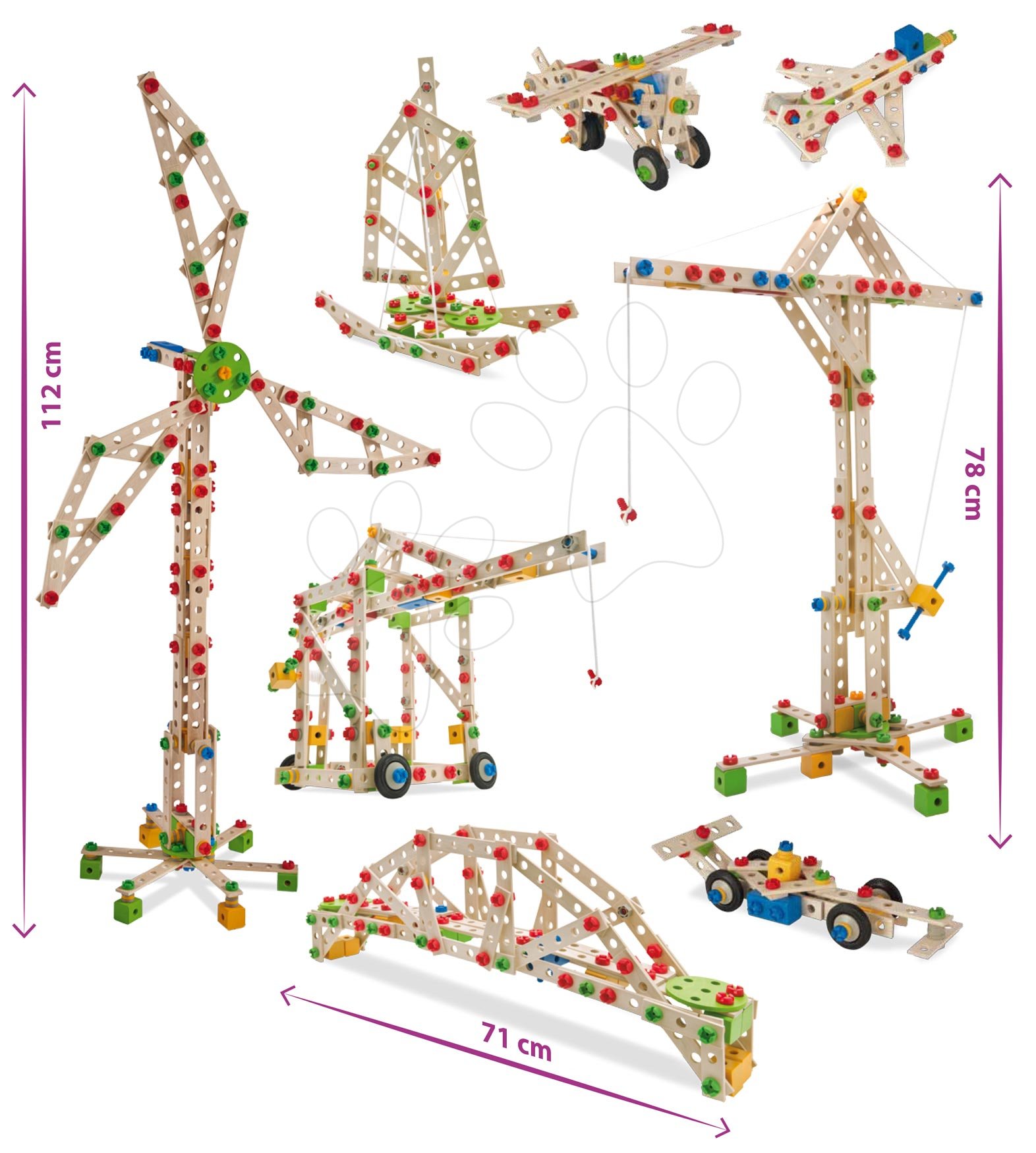 Fa építőjáték szélmalom Constructor Windmill Eichhorn 8 modell(malom, daru, repülőgép, vadászgép, katamaran, autó, híd, konténeres daru) 300 darabos 6 évtől