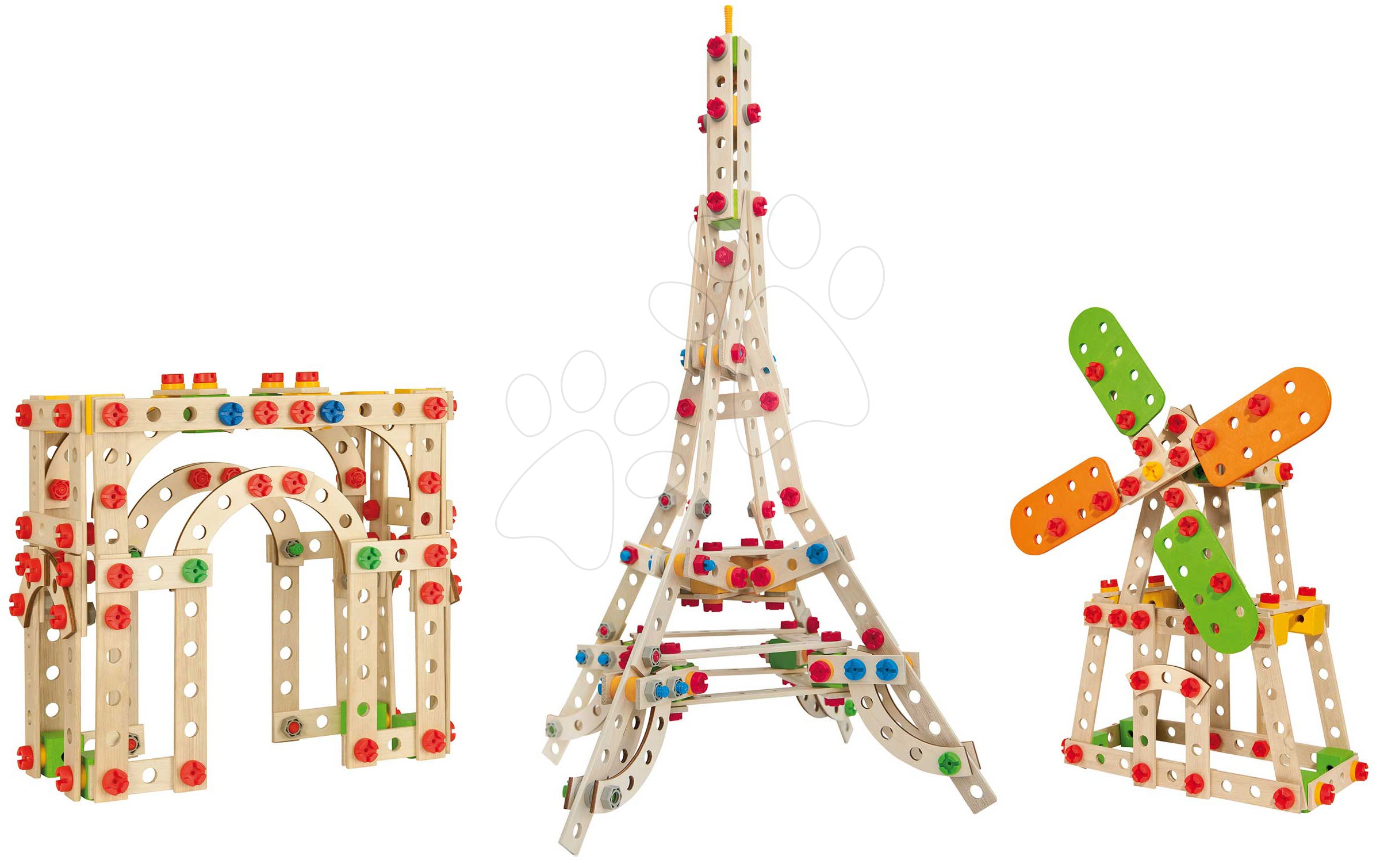 E-shop Drevená stavebnica Eiffelova veža Constructor Eiffel Tower Eichhorn 3 modely (Eiffelova veža, veterný mlyn, Víťazný oblúk) 315 dielov od 6 rokov