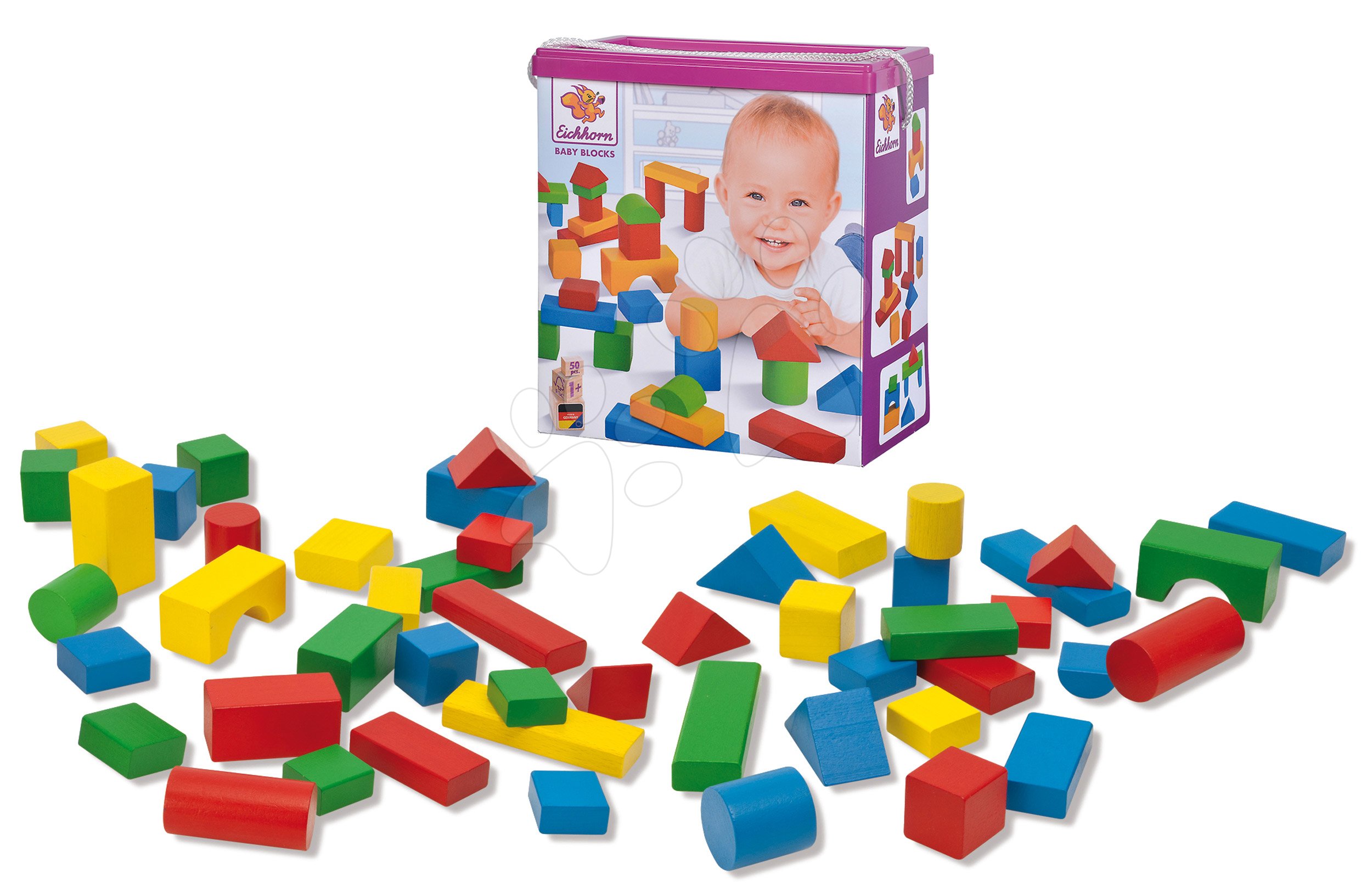 Fakockák színesek Coloured Wooden Blocks XL Baby Eichhorn extra nagy 50 db 40 mm magas 12 hó-tól