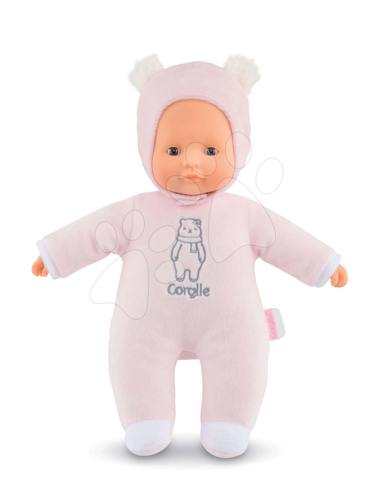 Játékbaba mackó Sweet Heart Pink Bear Corolle 30 cm kék szemekkel és levehető füles kapucnival rózsaszín 9 hó-tól