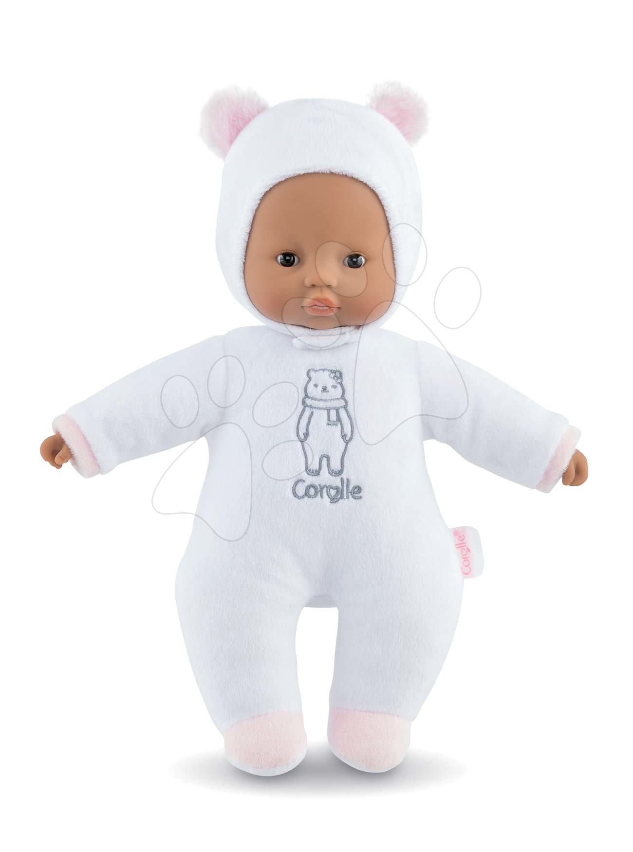 Panenka medvídek Sweet Heart White Bear Corolle s černými očima a snímatelnou kapucí s oušky 30 cm bílá od 9 měs