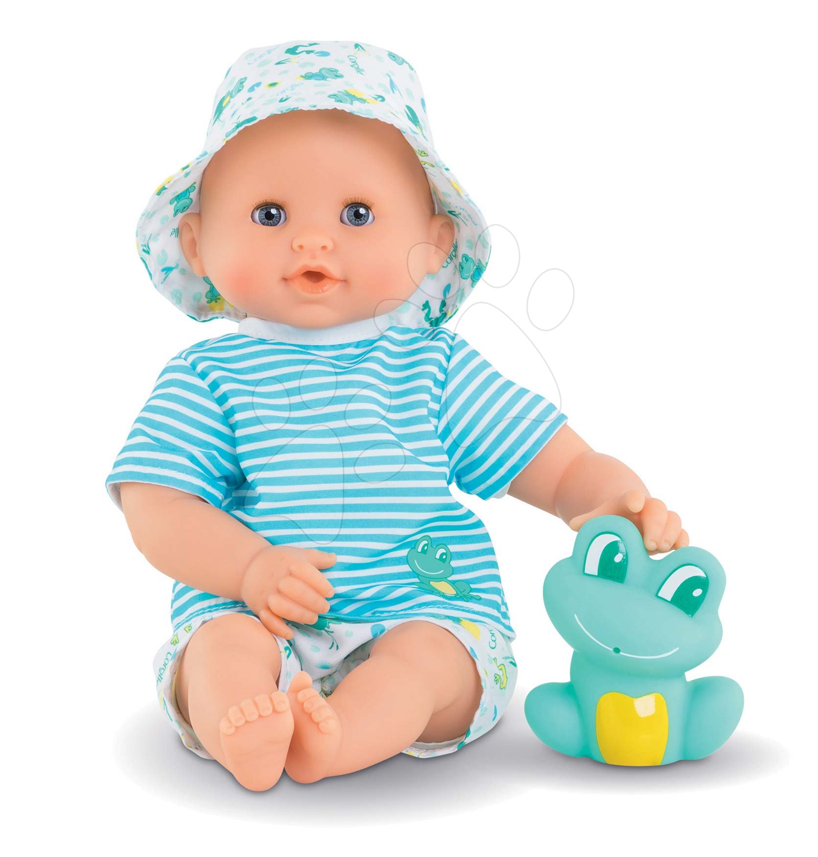 Bábika na kúpanie Baby Bath Marin Mon Premiere Corolle s modrými klipkajúcimi očami a žabou 30 cm od 18 mes