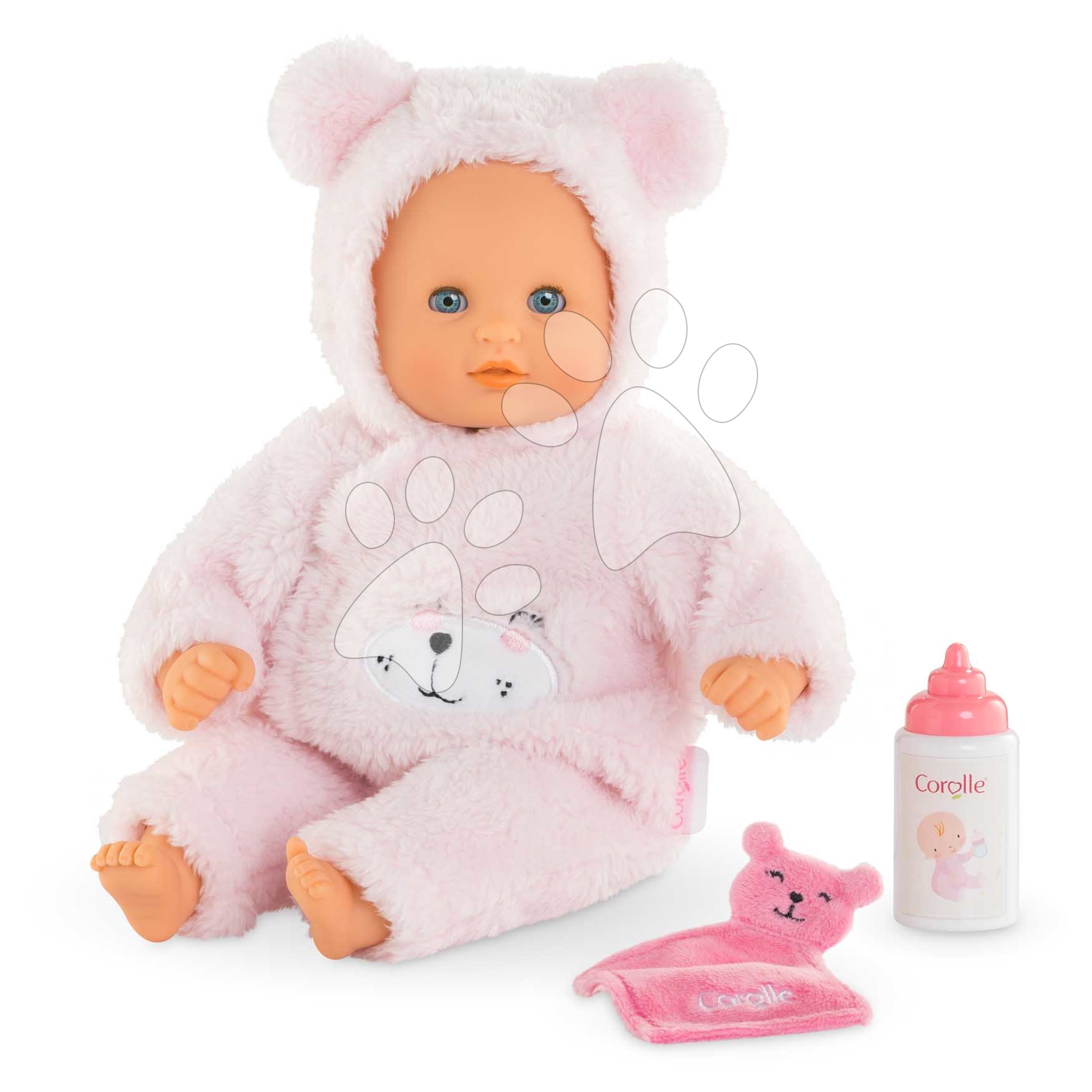 Játékbaba Bébé Calin Loving Teddy Bear Mon Premier Poupon Corolle kék pislogó szemekkel és 2 kiegészítővel 30 cm 18 hó-tól