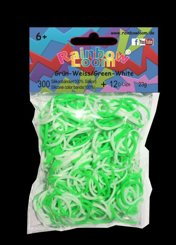 Rainbow Loom gumičky dvojfarebné - Rainbow Loom originálne dvojfarebné gumičky 300 kusov zeleno-biele od 6 rokov
