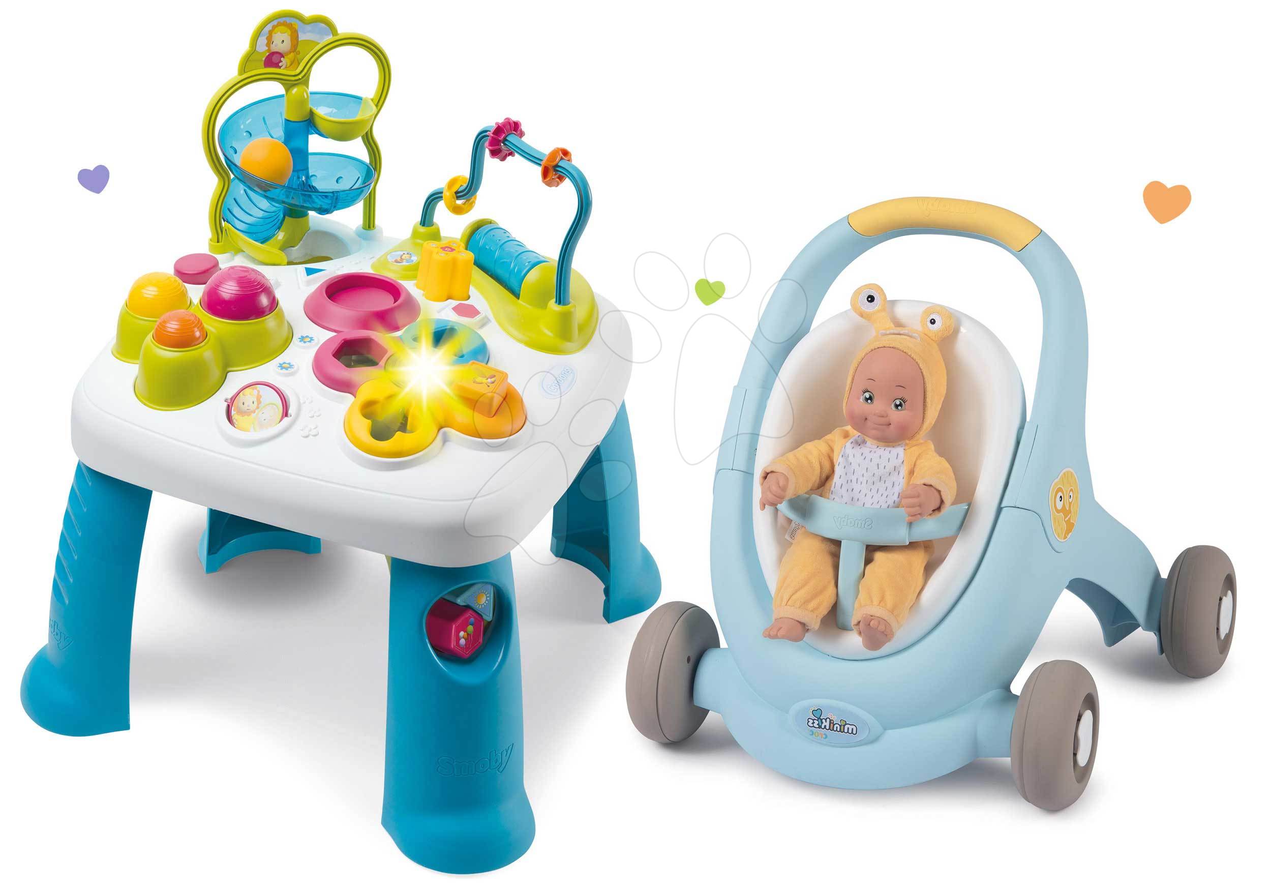 Smoby set didaktický stolík Cotoons, kočík a detské chodítko s bábikou MiniKiss 211067-9