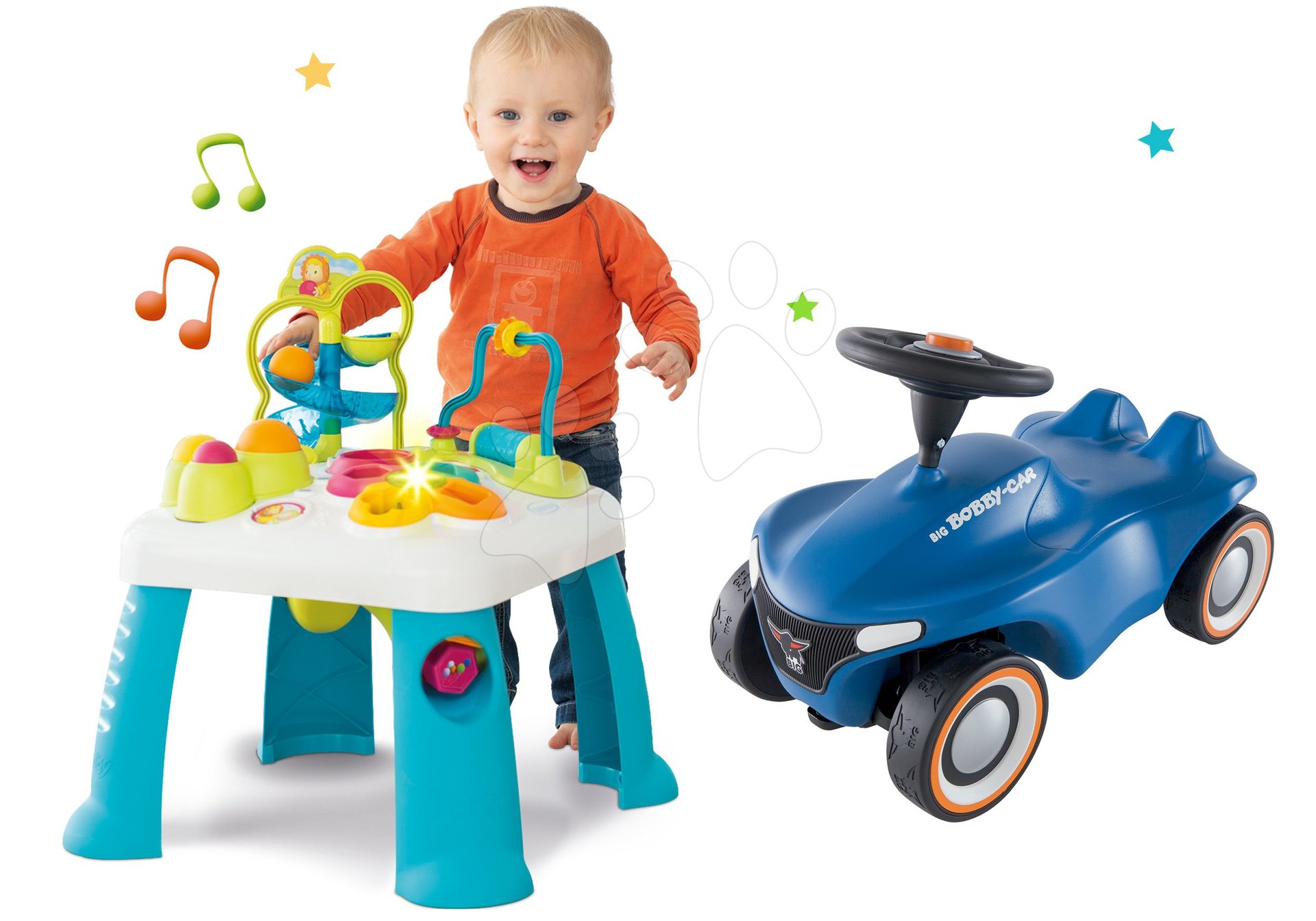 Igračke za bebe - Set didaktički stolić Activity Table Cotoons Smoby sa zvukom i svjetlom i guralica Bobby Car Neo sa zvukom i gumiranim kotačima