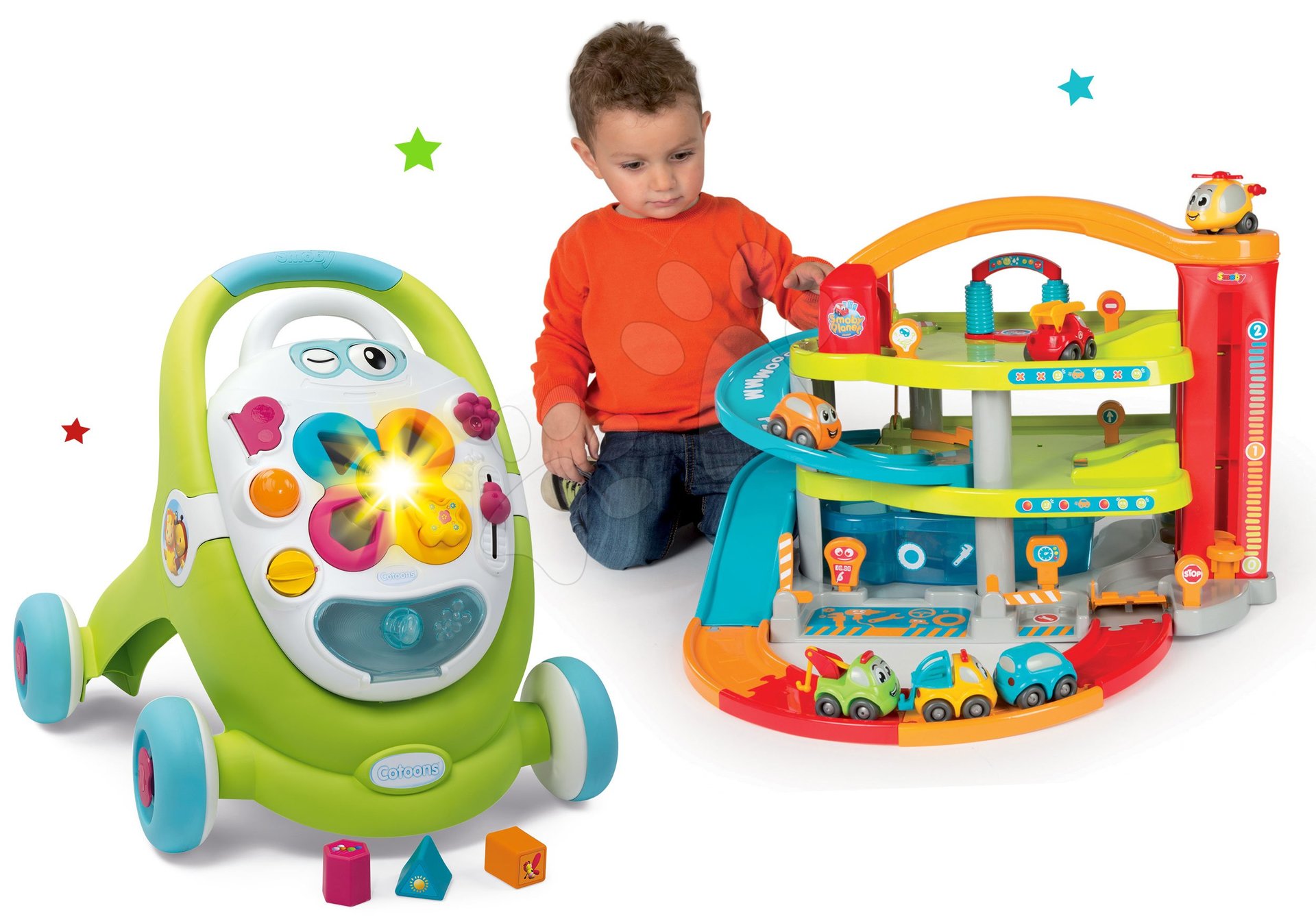 Hračky pre bábätká - Set chodítko s didaktickým kufríkom Trott Cotoons 2v1 Smoby so zvukom a svetlom a dvojposchodová garáž Vroom Planet Grand