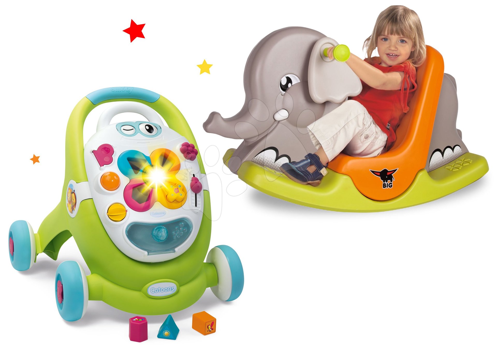 Pre bábätká - Set chodítko s didaktickým kufríkom Trott Cotoons 2v1 Smoby so zvukom a svetlom a hojdačka slon s pohyblivými ušami