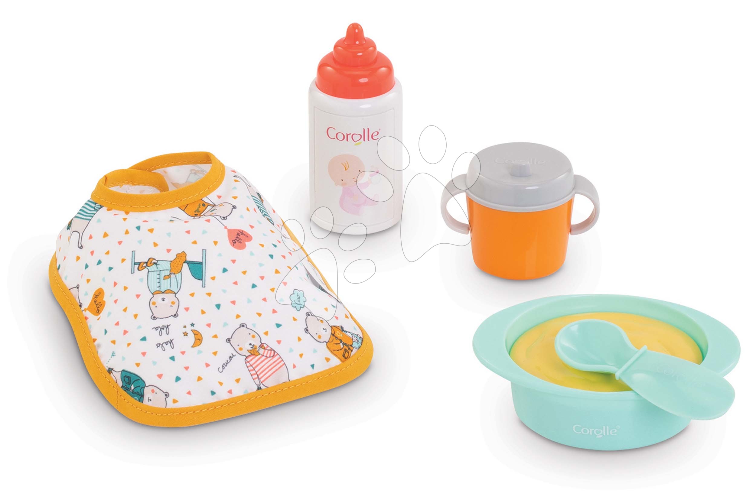 Ebédkészlet előkével Mealtime Set Corolle 30 cm játékbabának 5 kiegészítővel 18 hó-tól