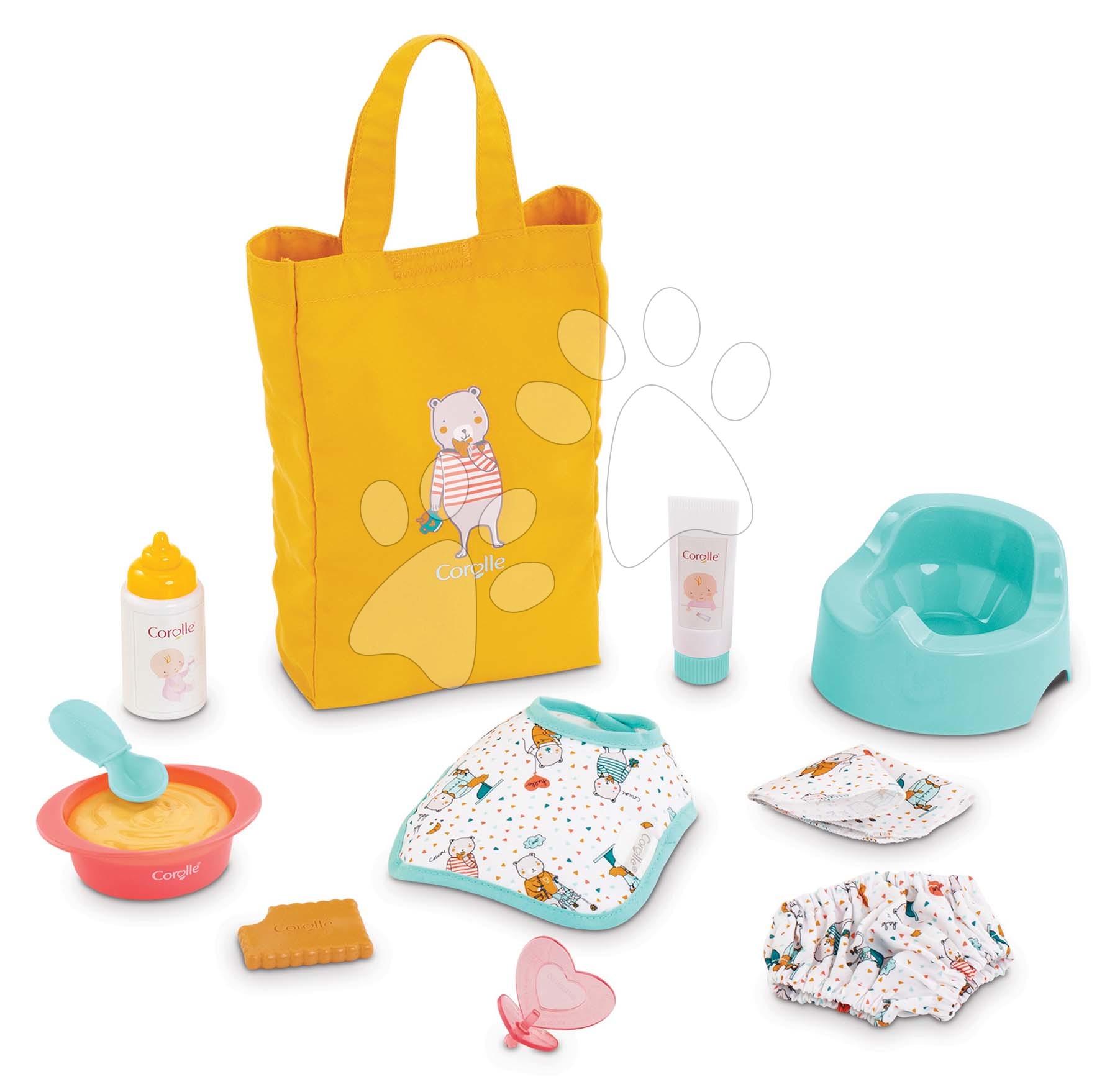 Jídelní souprava s taškou a bryndáčkem Mealtime Set Corolle pro 30 cm panenku 11 doplňků od 18 měsíců