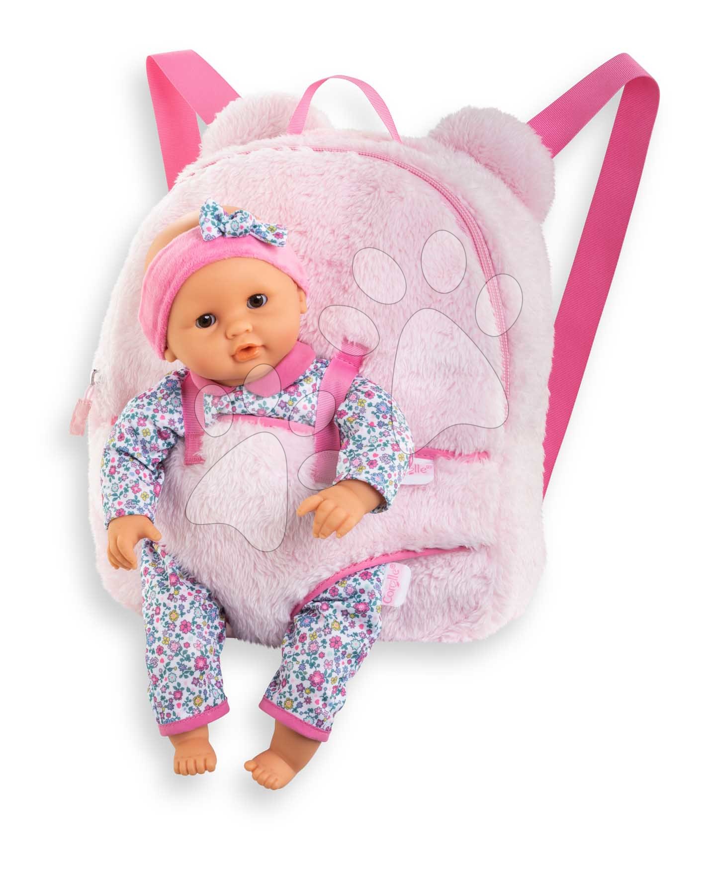 Hátizsák babahordozóval Pink Plush Baby Doll Carrier Backpack Corolle 30 cm játékbabának állítható vállpánttal