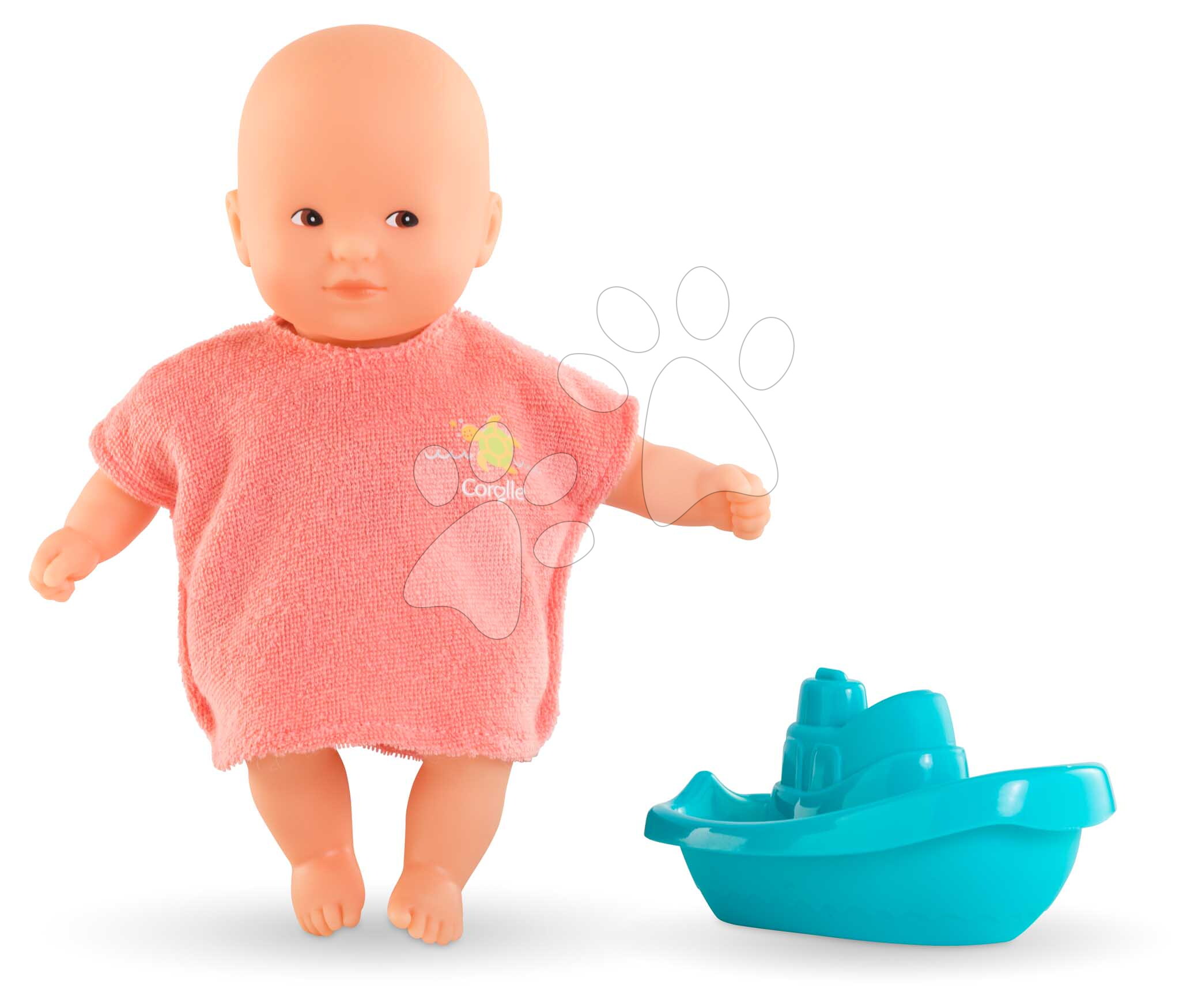 Játékbaba fürdőkádba Mini Bath Set Mon Premier Poupon Corolle barna szemekkel köntösben és csónakkal 20 cm 18 hó-tól