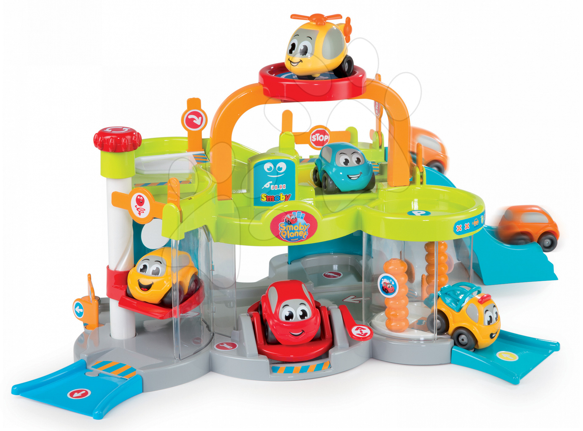 Garage - Mehrstöckige Garage Vroom Planet Premier Smoby mit 2 Spielzeugautos und einer Autowäsche ab 18 Monaten