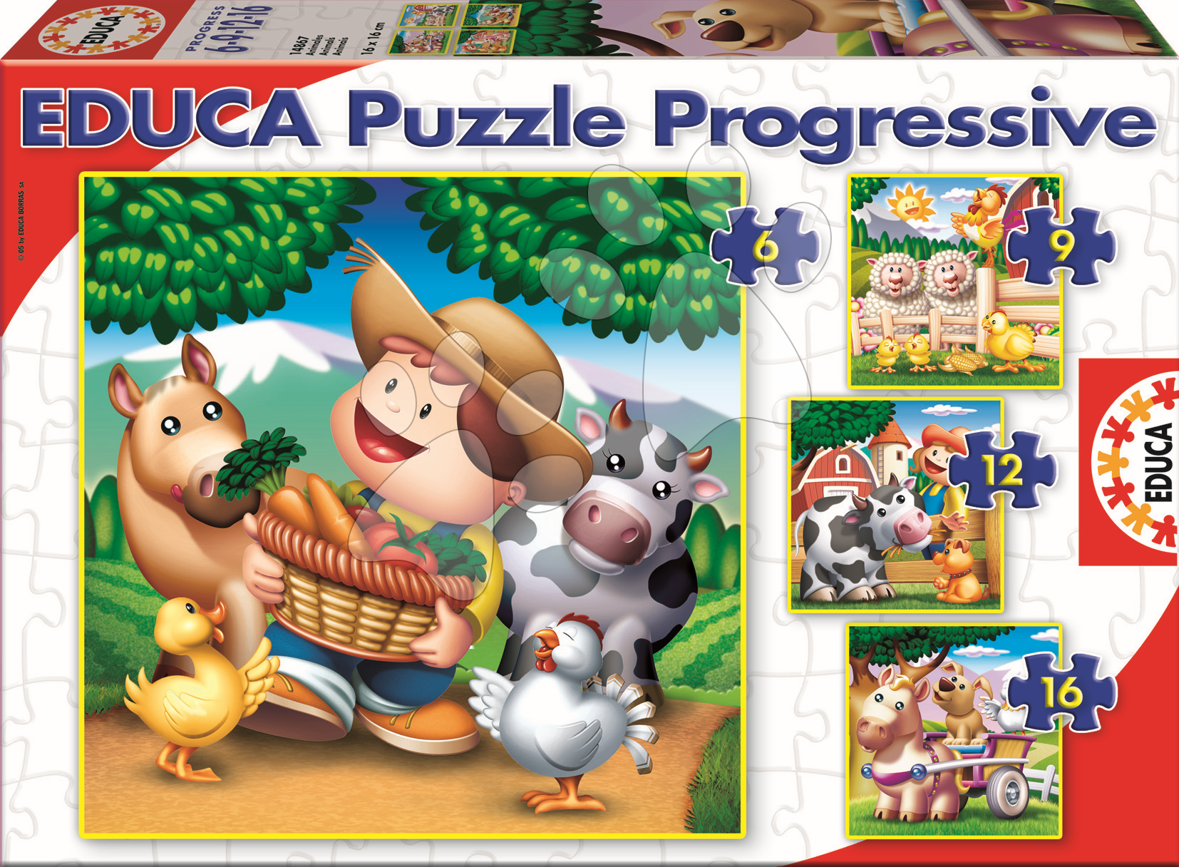 Progresívne detské puzzle - Puzzle Zvieratá na farme Educa 16-12-9-6 dielov od 24 mes