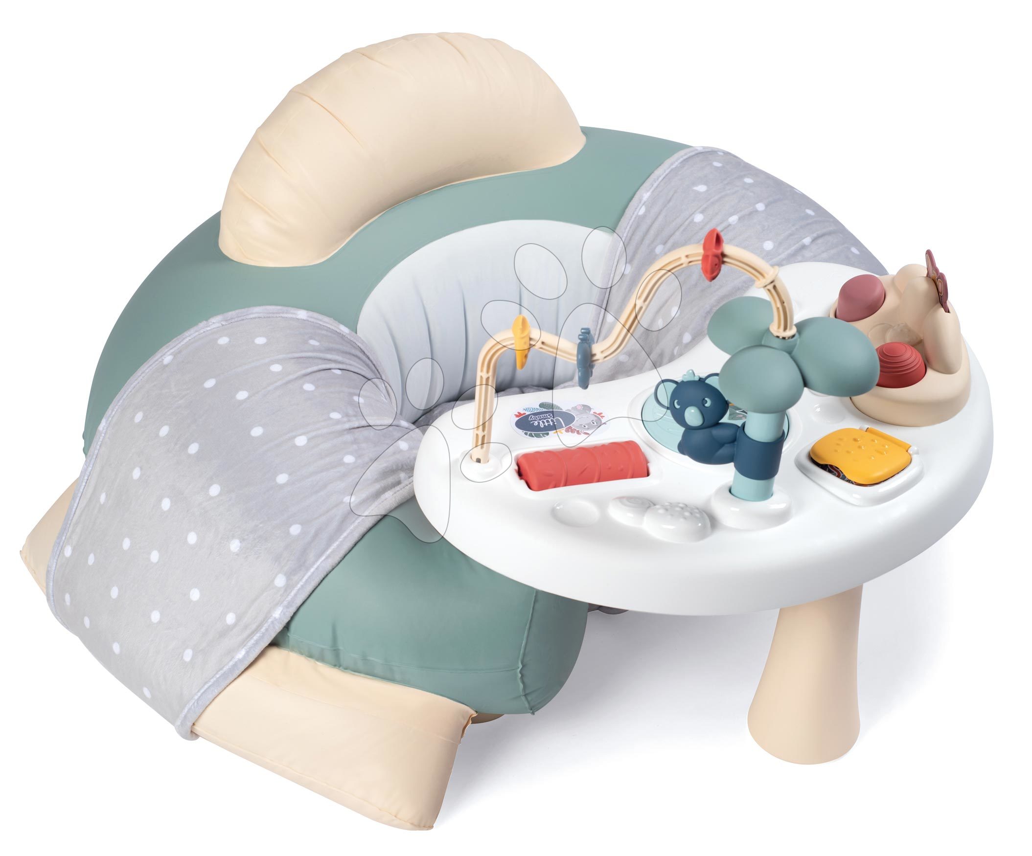 Otroški sedeži - Sedež z didaktično mizico Cosy Seat Little Smoby s tekstilno prevleko in funkcijami za razvoj motorike od 6 mes