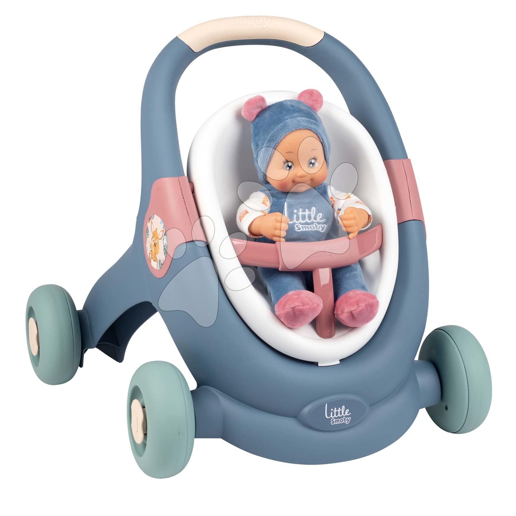 Készségfejlesztő járássegítő és babakocsi Baby Walker 3in1 + Baby Doll Little Smoby 30 cm játékbabával és fékezhető 12 hó-tól